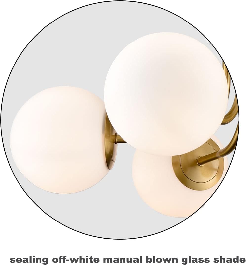 Modern Brushed Brass Gold 6-Light Ceiling Light with Globe White Glass Shade Semi Flush Mount Light Fixture for Dinning Room Foyer Hallway Sputnik Chandeliers