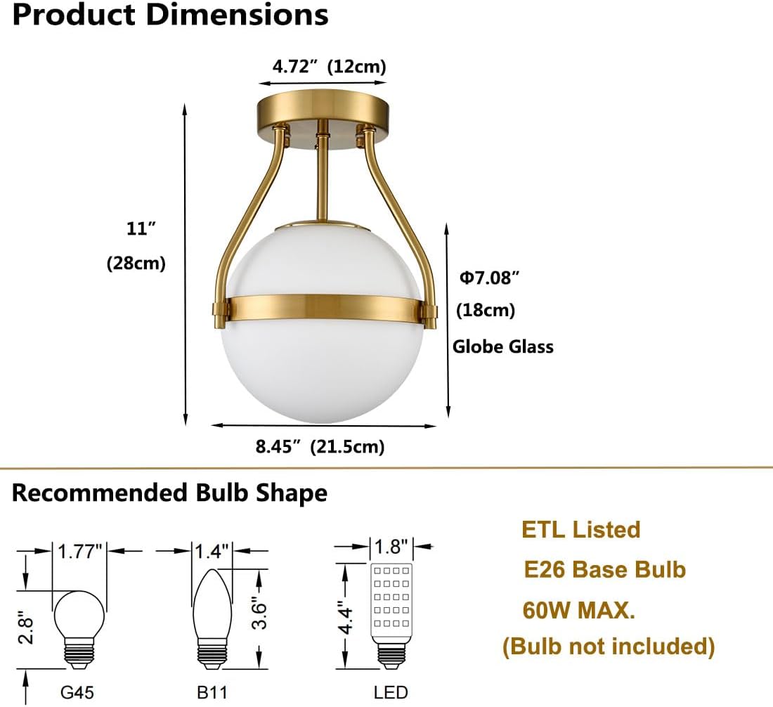 HOLKIRT Modern Semi Flush Mount Light, Mid Century Style 7Inch/18CM Brass Globe Ceiling Light with Opal Glass for Kitchen, Hallway, Bedroom