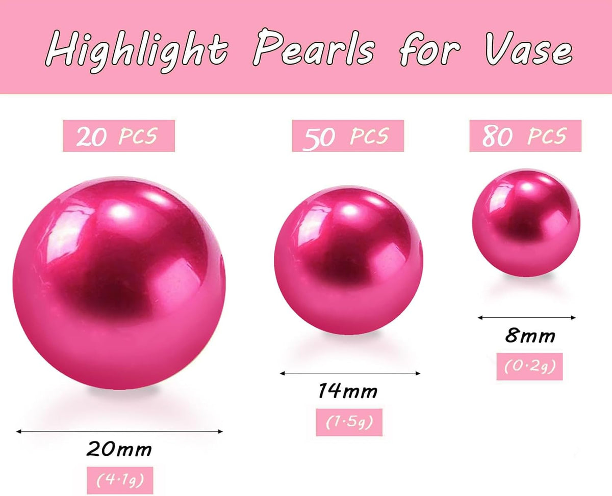 150Pcs Hot Pink Polished No Hole Faux Pearl Beads for Vase Filling Decorations, Plastic Pearls Vase Fillers, Table Scatters, Wedding Centerpiece, Home Decor, 8/14/20 mm
