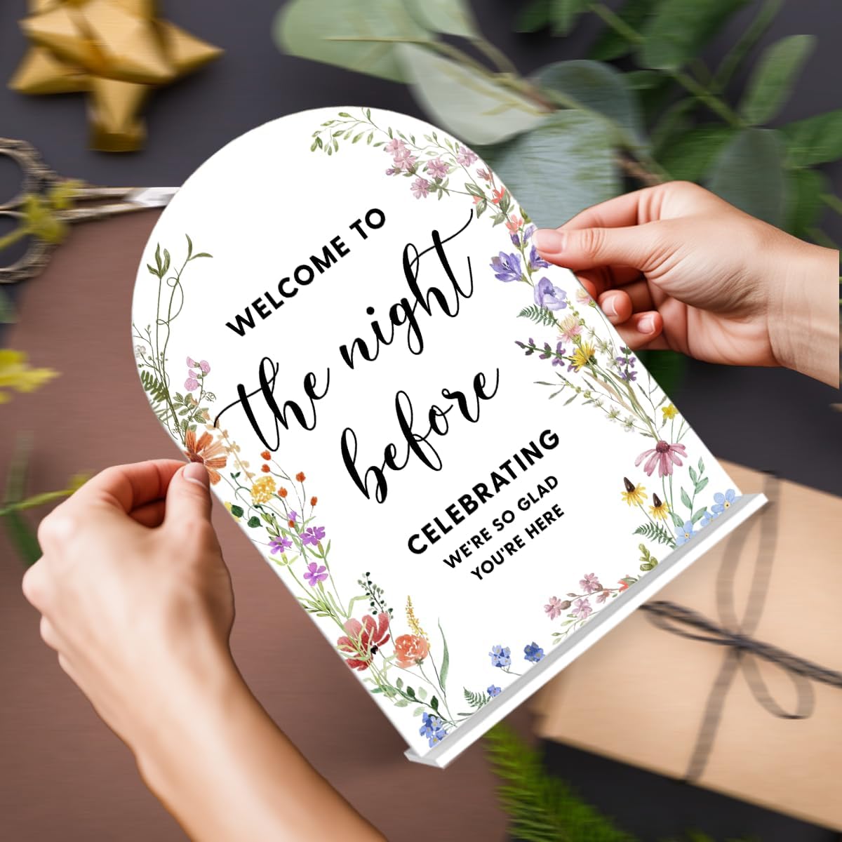 Acrylic Wedding Signs, Bridal Shower Decorations, Modern Arched Round Top Acrylic Table Top Sign with Holder for Wedding Reception Party Dinner - Welcome to The Night Befor (White Wildflowers)