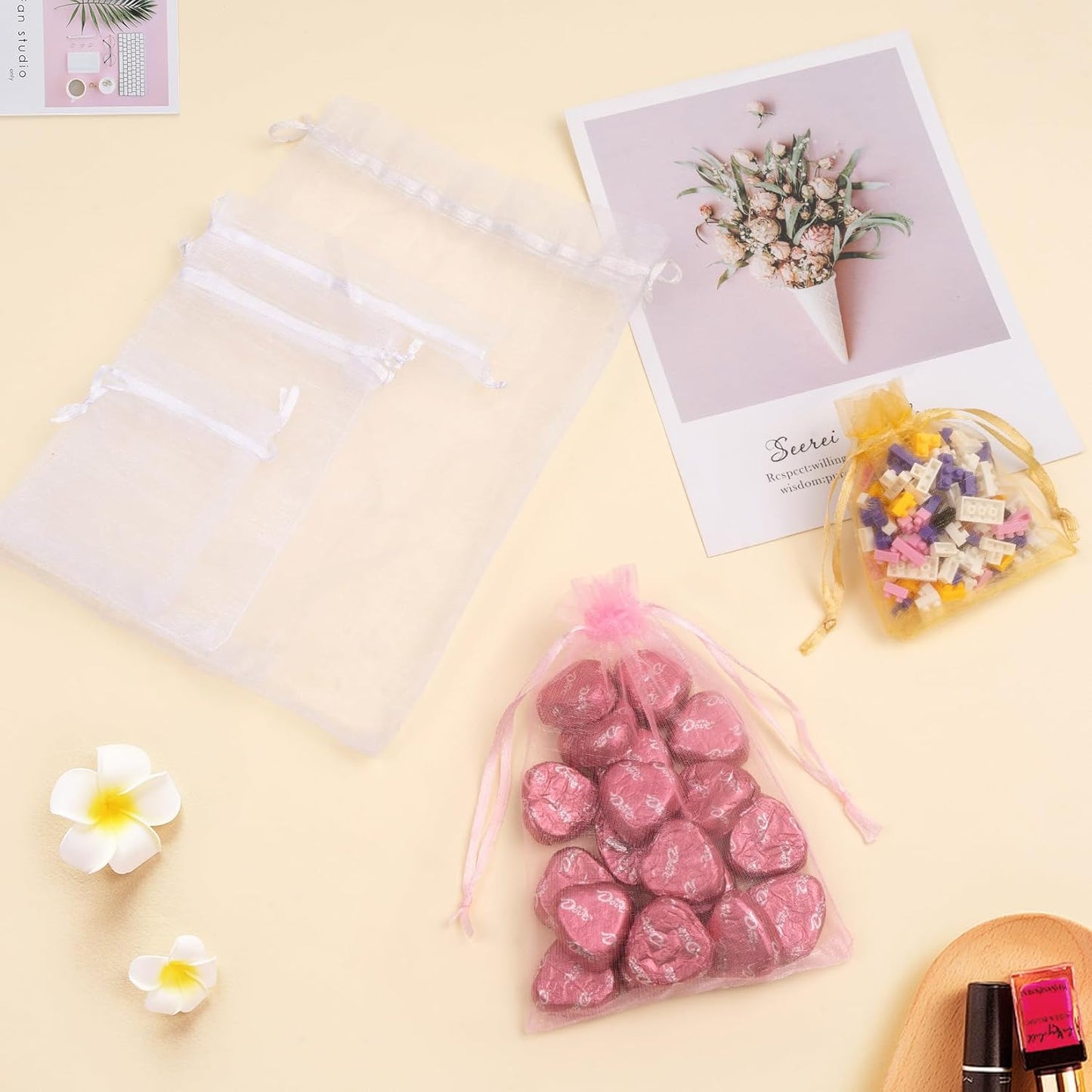 Organza Bags 4x6 Inch 50 Pack Small Mesh Gift Bags Drawstring for Candy Party Favor Wedding Baby Shower(Gold)