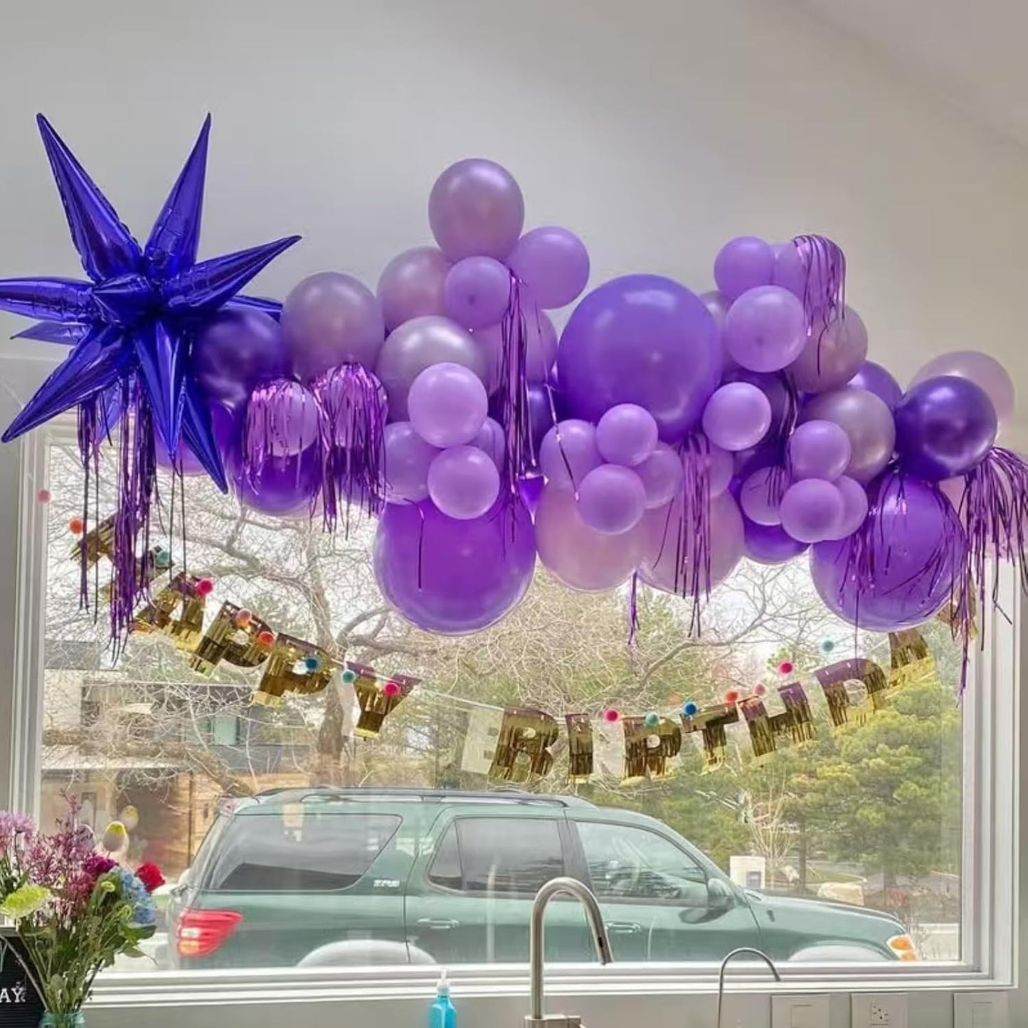 Purple Gold Star Balloons Foil 12pcs, 27/22 In Star Explosion Balloons, Large Spike Mylar Cone Balloon, Fireworks Shape Balloon Decor for Birthday Graduation Anniversary Prom Halloween