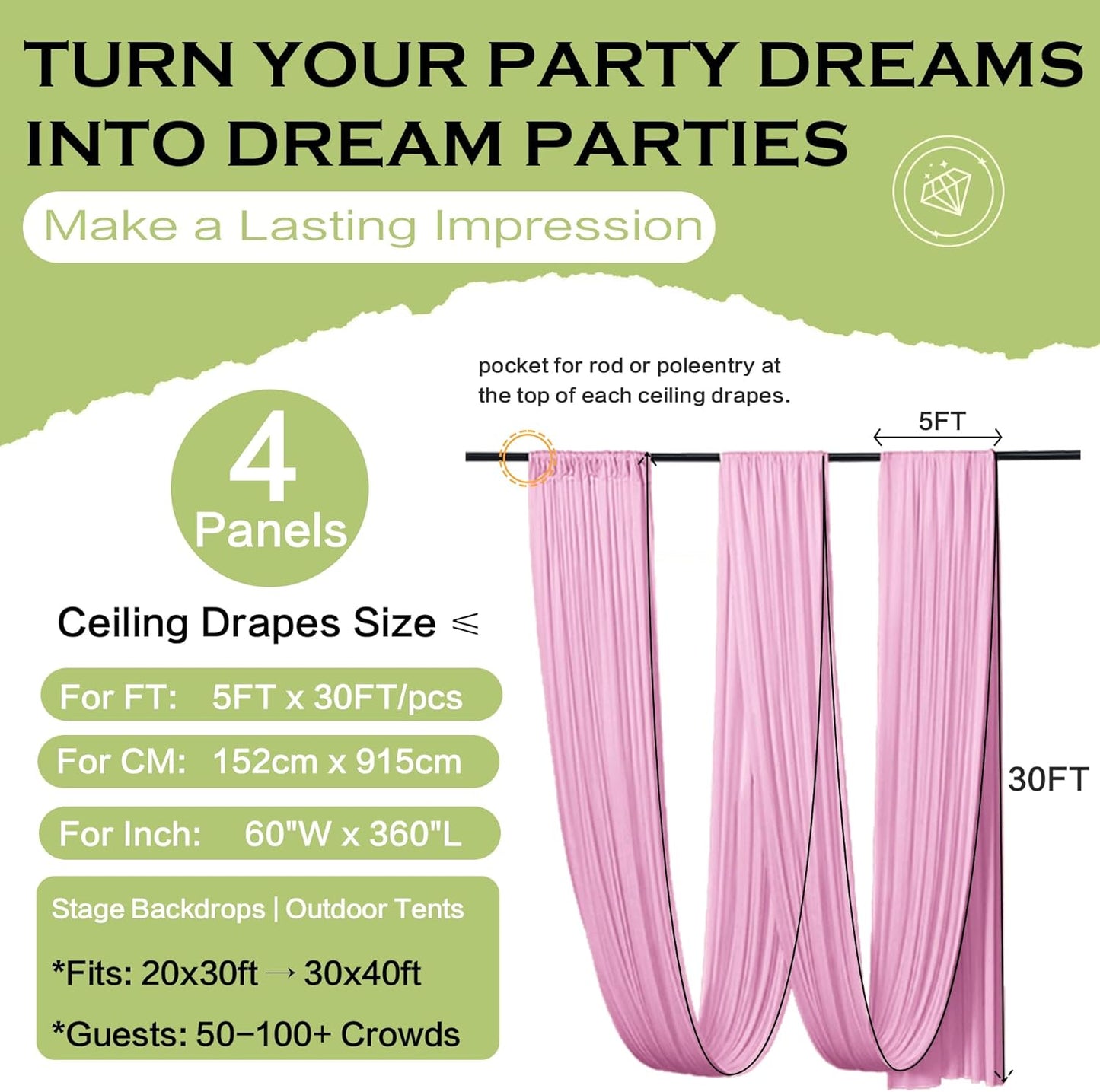 PartyVillage 4 Panels 5ftx30ft Baby Pink Ceiling Drapes for Wedding Parties â 30 FT Extra Long Thick Polyester Wrinkle-Free Drapery Tent Decor Decorations for Birthday Party Ceremony Stage Swag