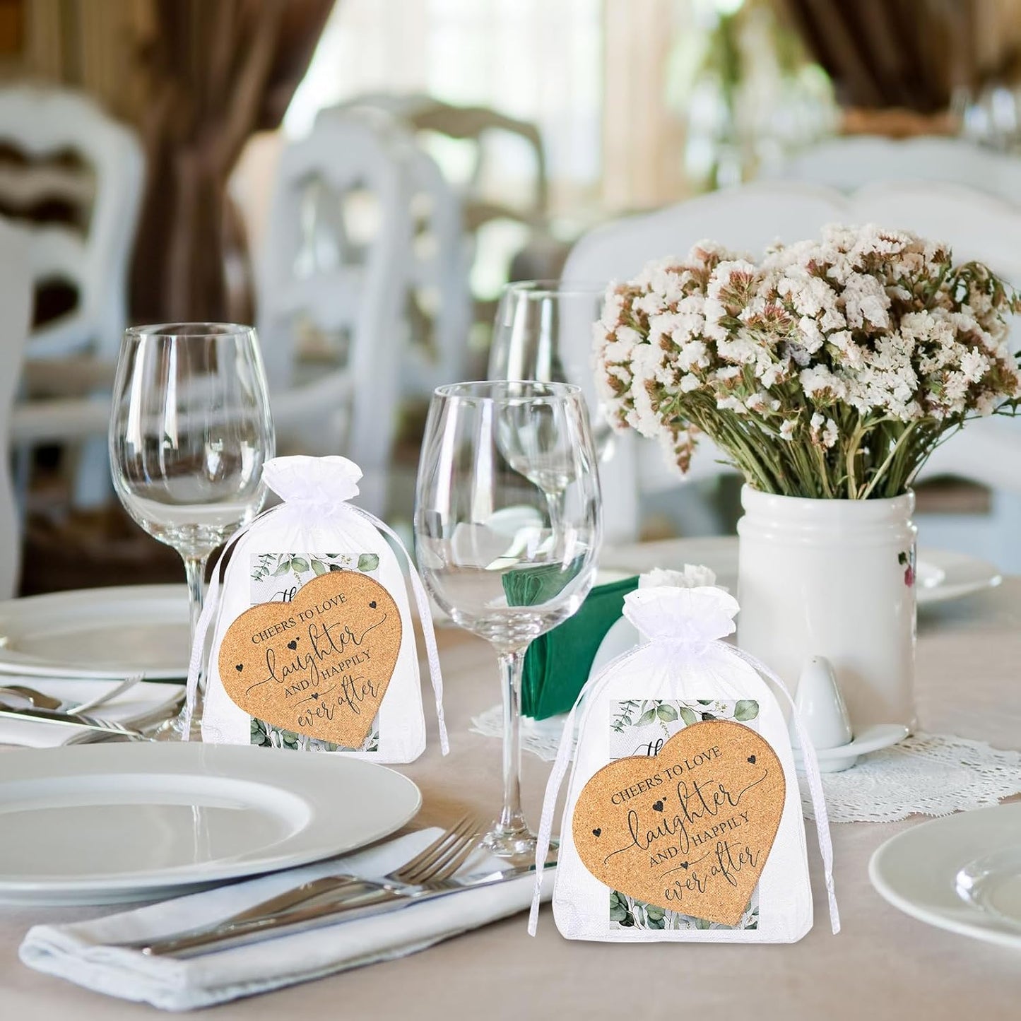 Uiifan 100 Set Wedding Favors for Guest Coaster Gifts Bulk Heart Shaped Coasters Thank You Cards Organza Bags Guest Souvenirs for Wedding Party Bridal Favors