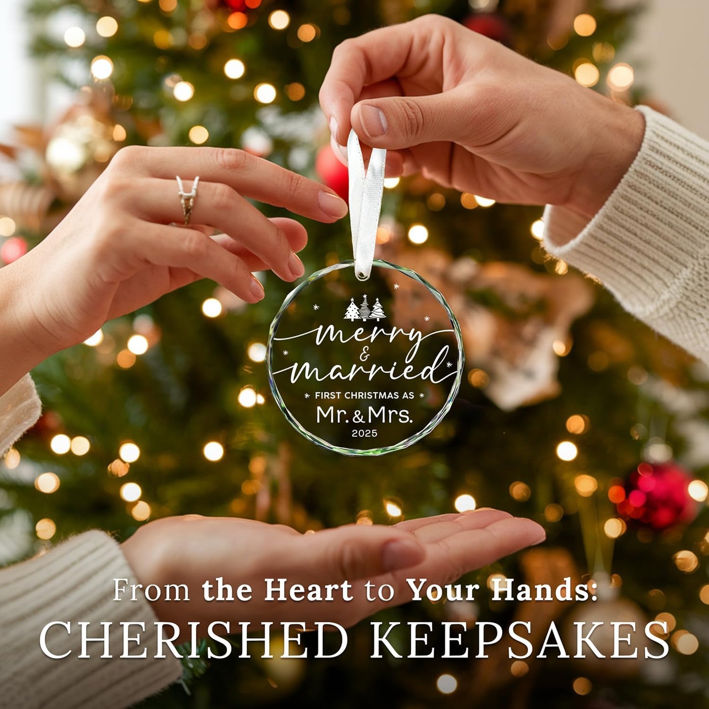 HEXMOZ Wedding Gifts for Couples 2025 - First Christmas Married Glass Ornament, Mr and Mrs Gifts, Wedding Ideas for Newly Wed, Just Married Couple, Bride - Bridal Shower Gift 1st Christmas Merry Decor
