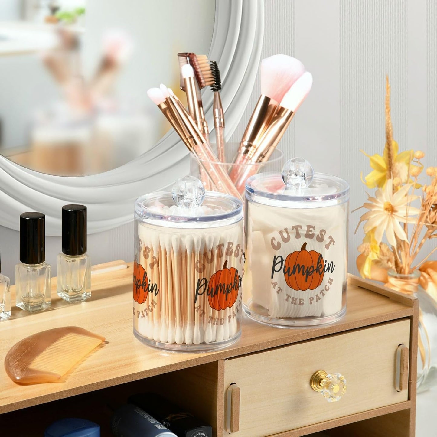 Gredecor 2 Pack Apothecary Jars with Lid Cutest Pumpkin Qtip Holder Dispenser Storage Containers Clear Plastic Cute Rustic Fall Autumn Thanksgiving Theme Canisters for Bathroom Vanity Organization