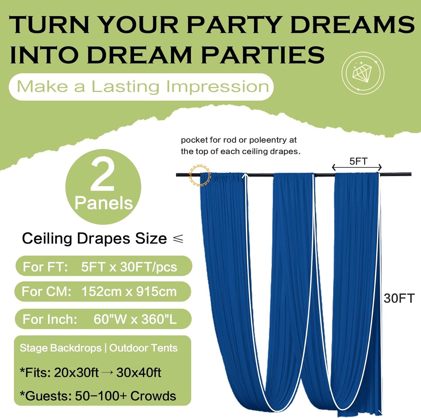PartyVillage 2 Panels 5ftx30ft Royal Blue Ceiling Drapes for Wedding Parties â 30 FT Extra Long Thick Polyester Wrinkle-Free Drapery Tent Decor Decorations for Birthday Party Ceremony Stage Swag