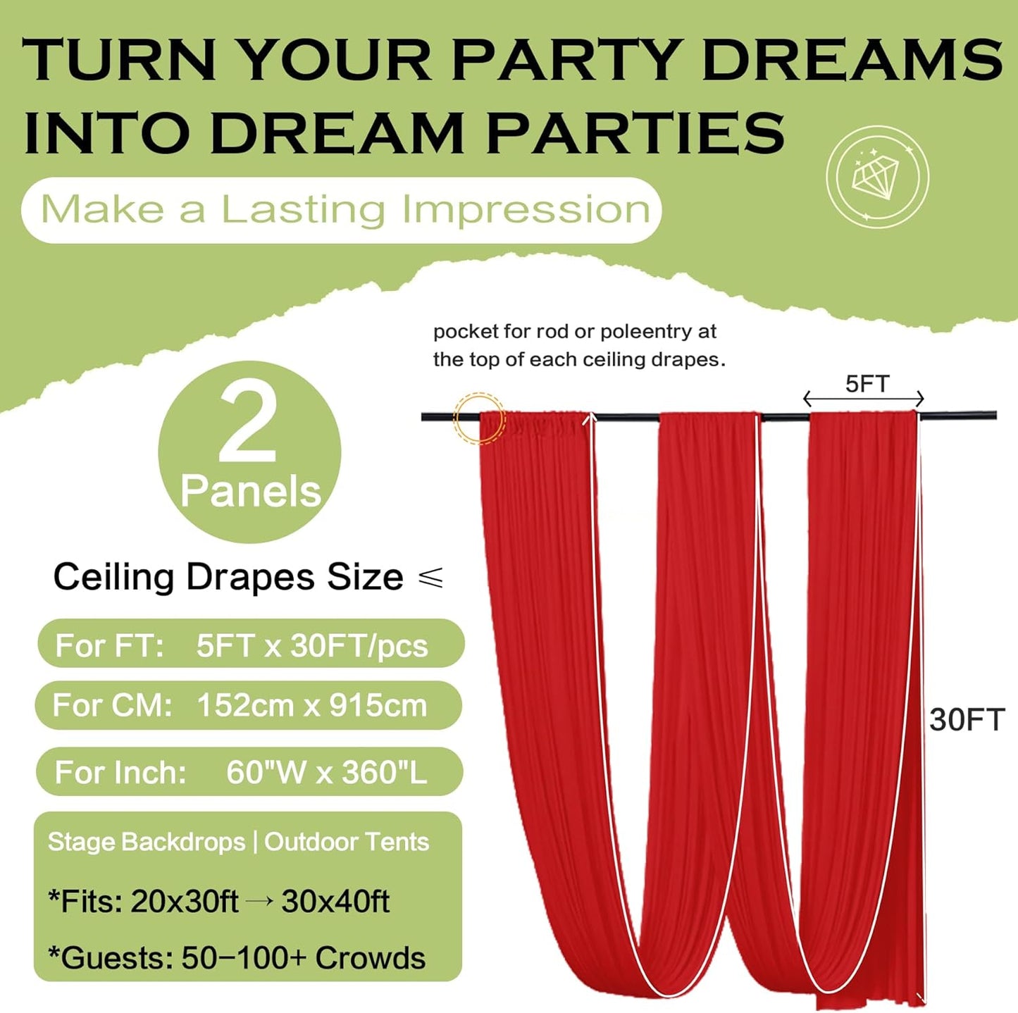 PartyVillage 2 Panels 5ftx30ft Red Ceiling Drapes for Wedding Parties â 30 FT Extra Long Thick Polyester Wrinkle-Free Drapery Tent Decor Decorations for Birthday Party Ceremony Stage Swag