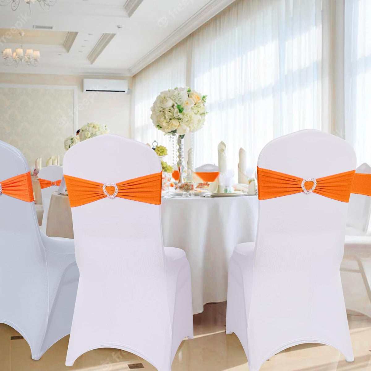 Howhic Pack of 120 Spandex Chair Sashes Bows Stretch Chair Cover Band with Buckle Slider Universal Elastic Chair Ties for Wedding Banquet Party Event Decoration (Orange)