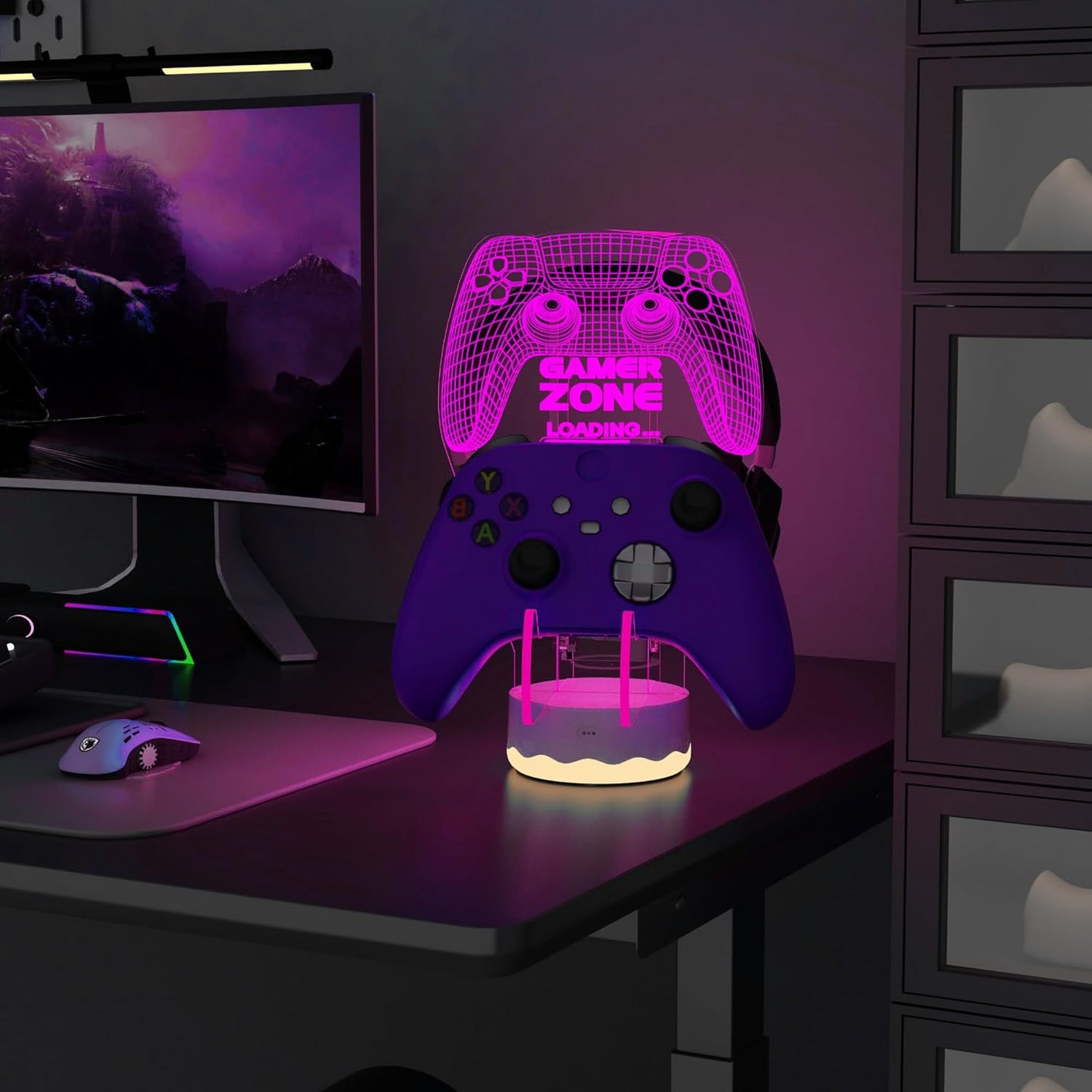 Light up Headset and Controller Stand, 16 Colors 3D LED Lights Gamepad Headphone Holder with Remote Control, Game Controller Hanger for All Universal Gaming PC Accessories