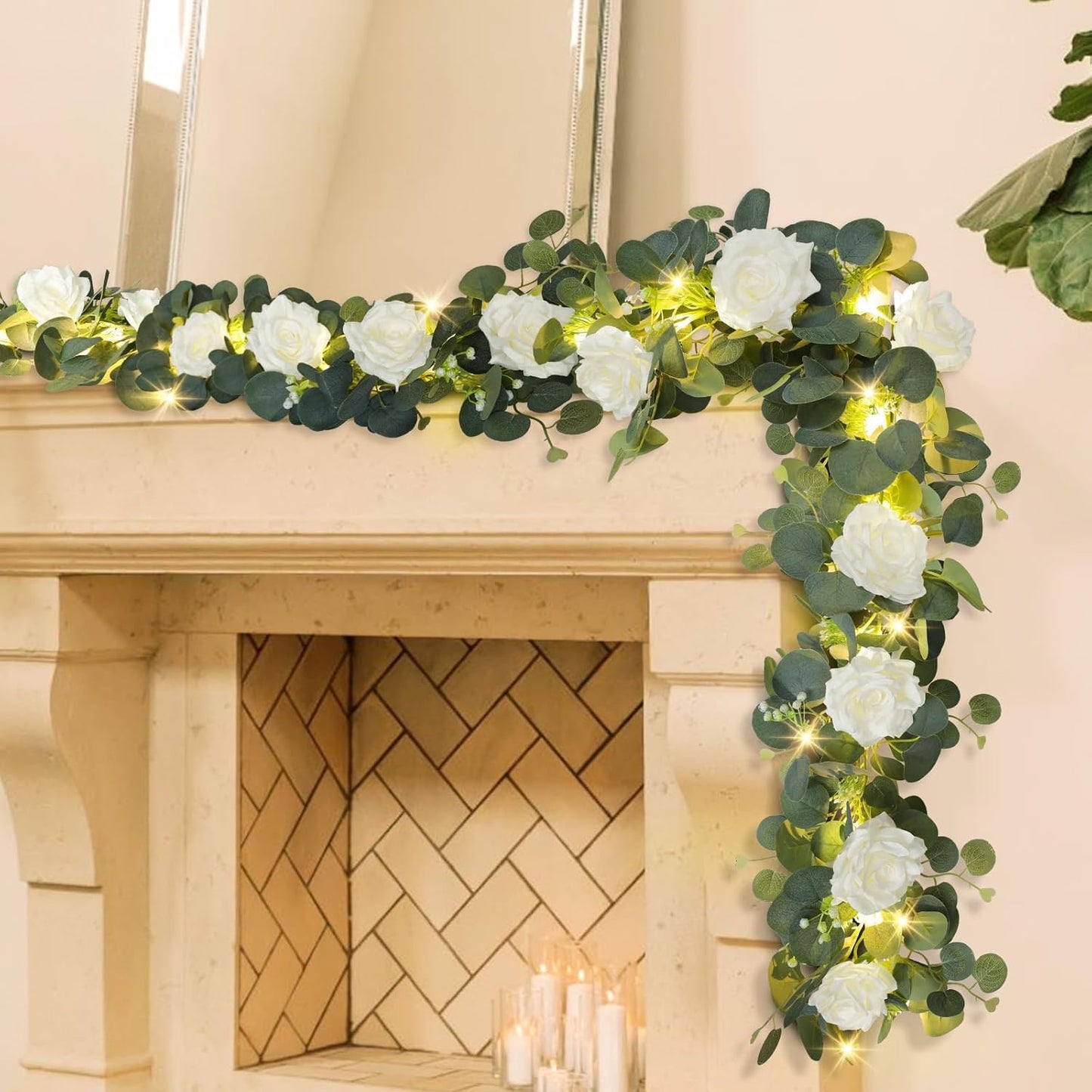 MACTING 2 Pack 13.2FT Eucalyptus Garland with Lights - Spring Gypsophila Flower Garland with 24 White Roses Artificial Floral Greenery Vine for Arch Table Centerpieces Backdrop Party Wedding Decor