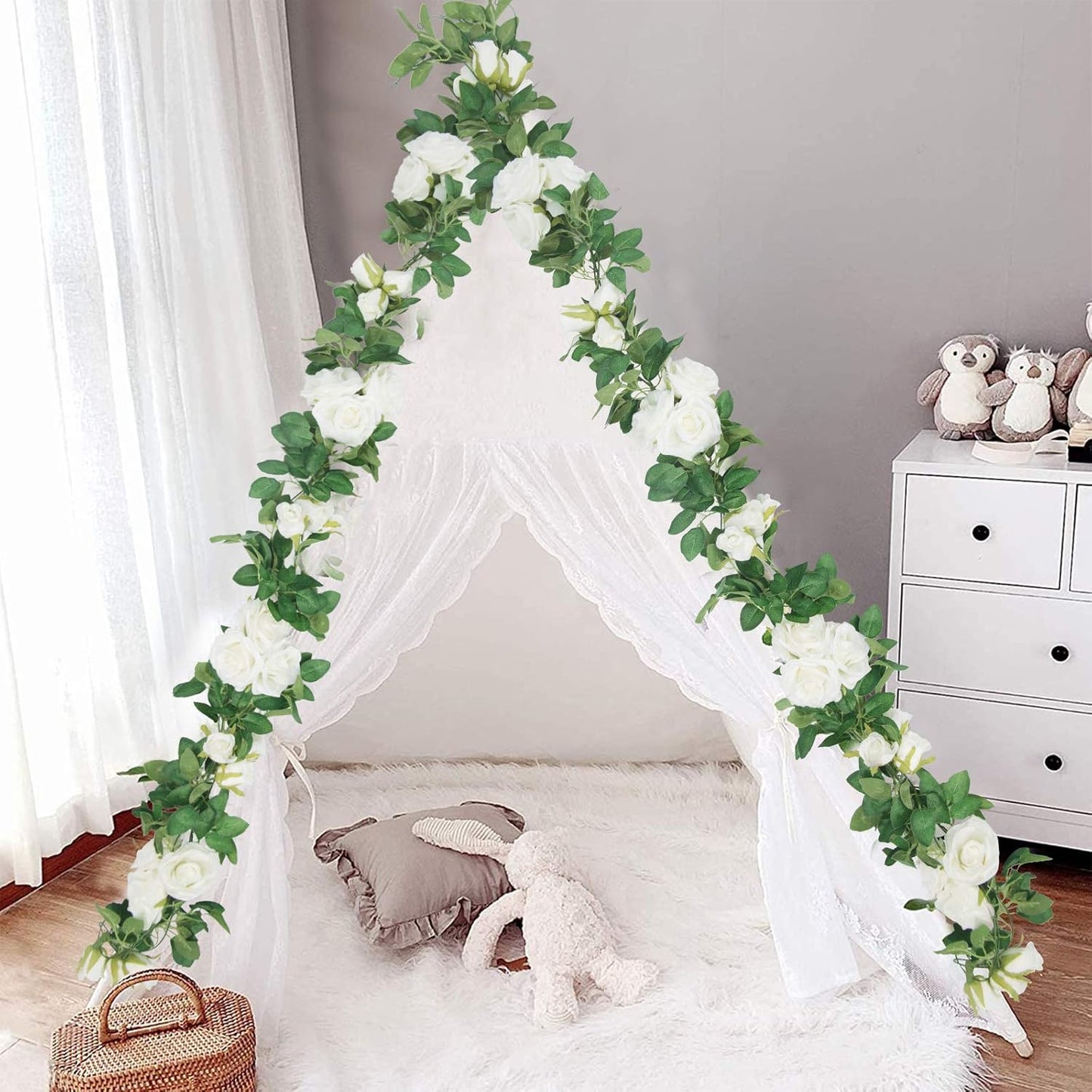 U'Artlines 3 Pack Artificial White Rose Vines Floral Garlands Total 19.5 Ft Fake Vine Silk Flower Garland for Indoor Outdoor Home Wedding Arch Garden Wall Decoration