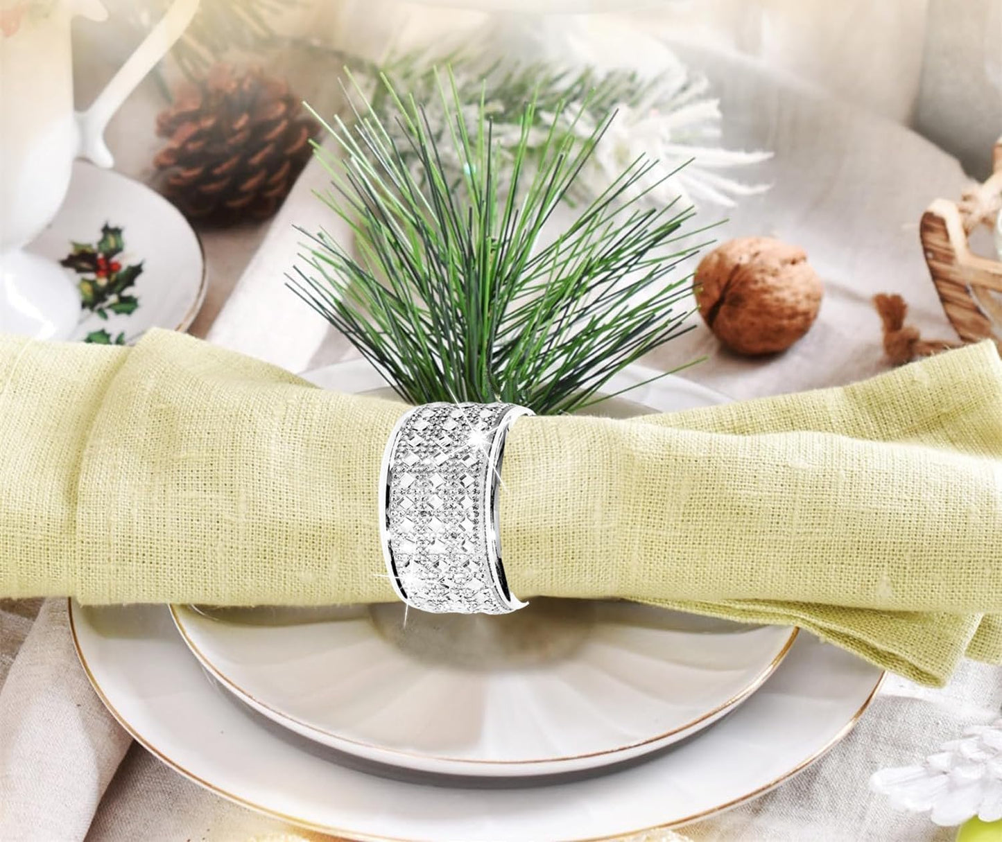 Silver Diamond Napkin Ring Set of 24 Rhinestone Crystal Glass Framed Napkin Holder for Table Decor,Thanksgiving,Christmas,Anniversary, Birthday, Holiday, Party Serviette Buckles Home Decoration