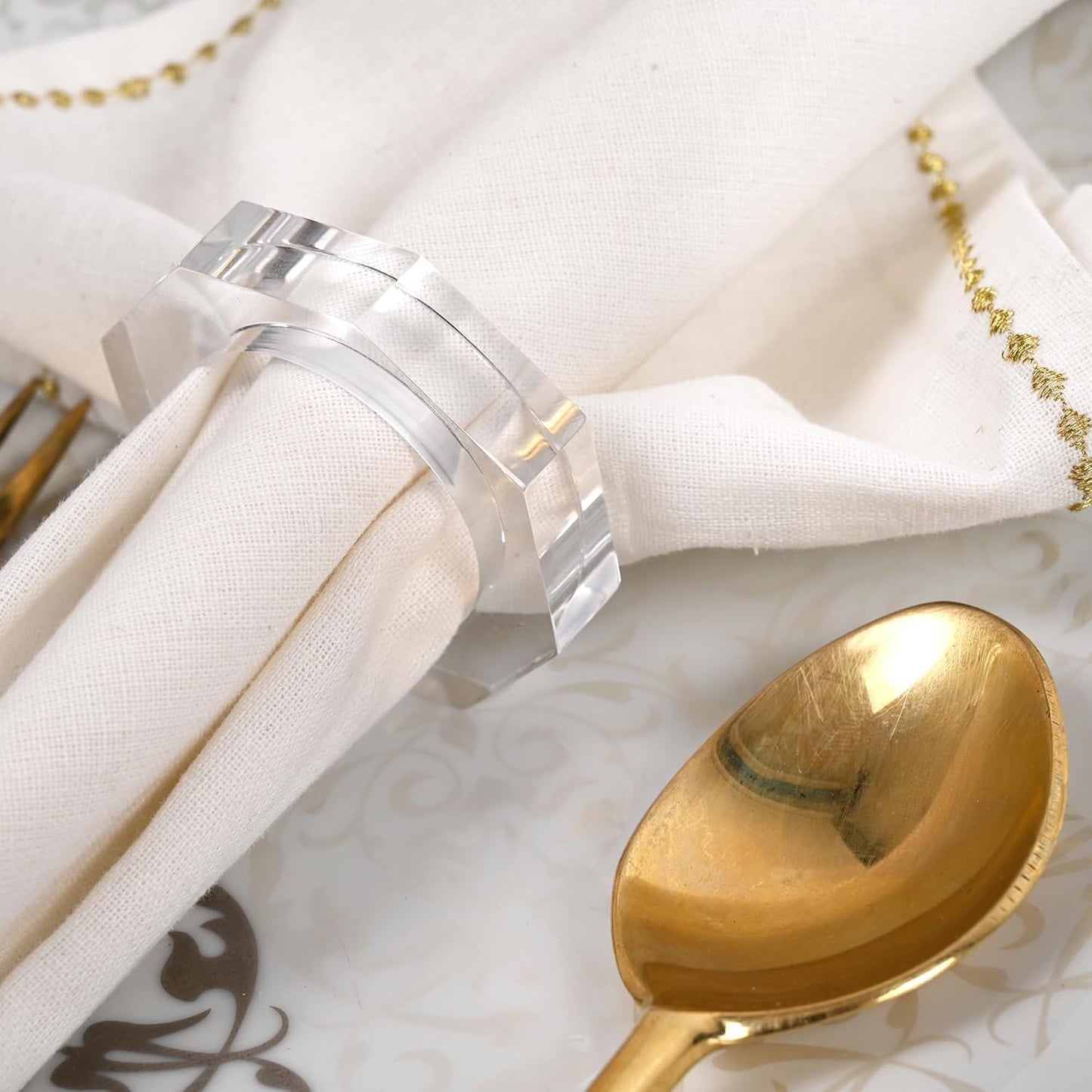 Acrylic Napkin Rings Set of 8 - Octagon Transparent Design for Christmas, Thanksgiving, Holiday Table Decor - Durable Crystal Napkin Holders for Dinner Parties & Everyday Use (Opaque) - CLEENTABLE
