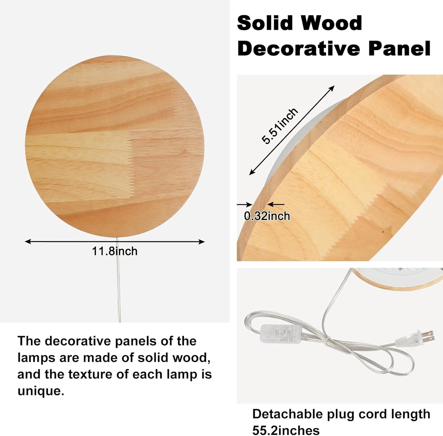 Modern Minimalist Plug in Wall Sconces, Plug-in Or Cordless 11.8'' Round Wood Backlight LED Wall Lamp, 25W, 2500LM Warm White Brightness Wall Light Fixtures for Bedroom, Living Room Wall Décor