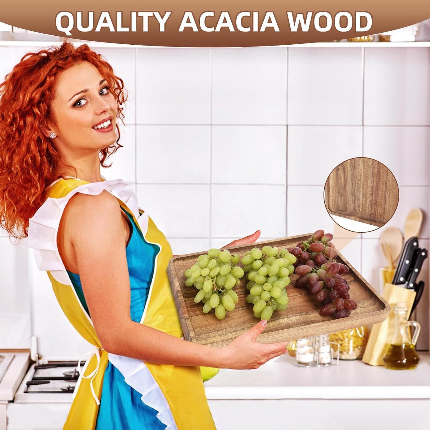 2 PCS 16 x 12 in Large Solid Acacia Wood Serving Trays Rectangular Wooden Serving Platters Natural Wooden Boards for Bar Coffee Party(Wood Log Color)