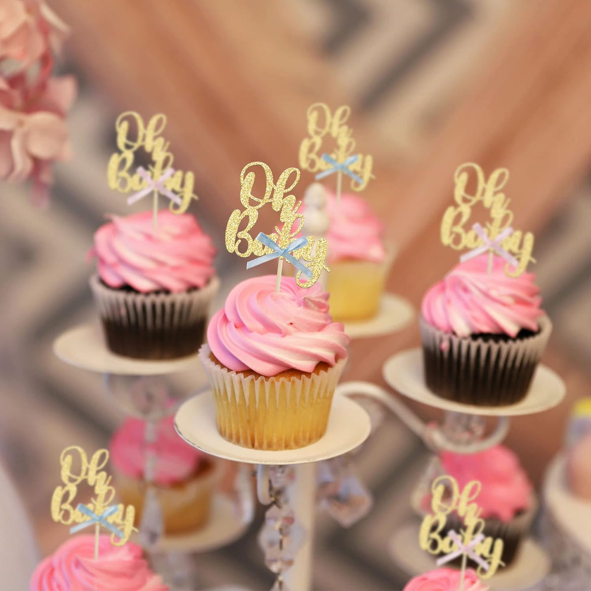 Gyufise 36Pcs Oh Baby Cupcake Toppers with Blue Pink Bowknot Gold Glitter Baby Shower Cupcake Picks Gender Reveal Cupcake Topper Decorations for Gender Reveal Baby Shower Kids Birthday Party Supplies