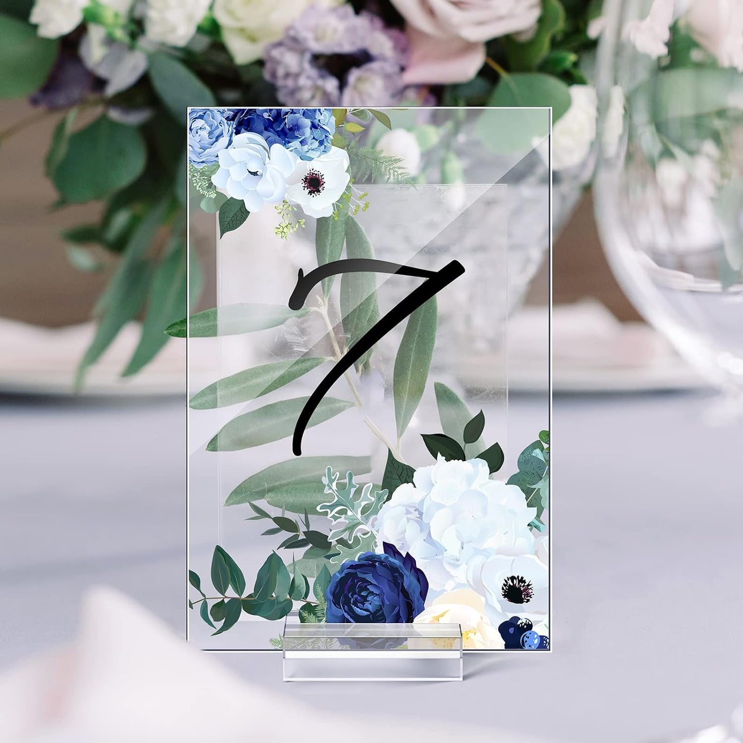 Yulejo 12 Pcs Clear Acrylic Place Cards with 12 Acrylic Holder Wedding Table Numbers with Acrylic Stand DIY Table Name Cards Plates for Wedding Reception Banquet Decors (4 x 6 x 0.08 Inch)