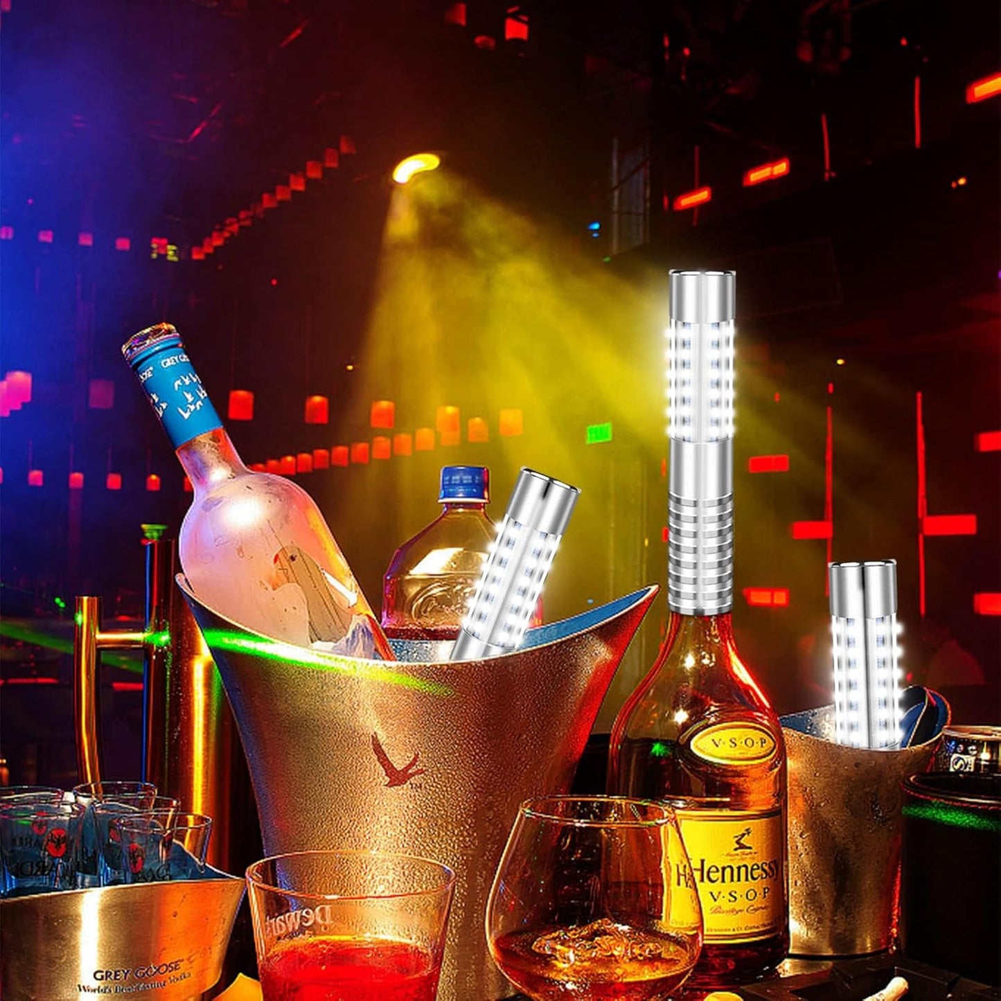 6 PCS Strobe Baton Light Bottle Service Lights Sparklers Reusable Champagne Bottles Handheld Light Topper for Bar Nightclub Wedding Birthday Party Concert (6 Silver)