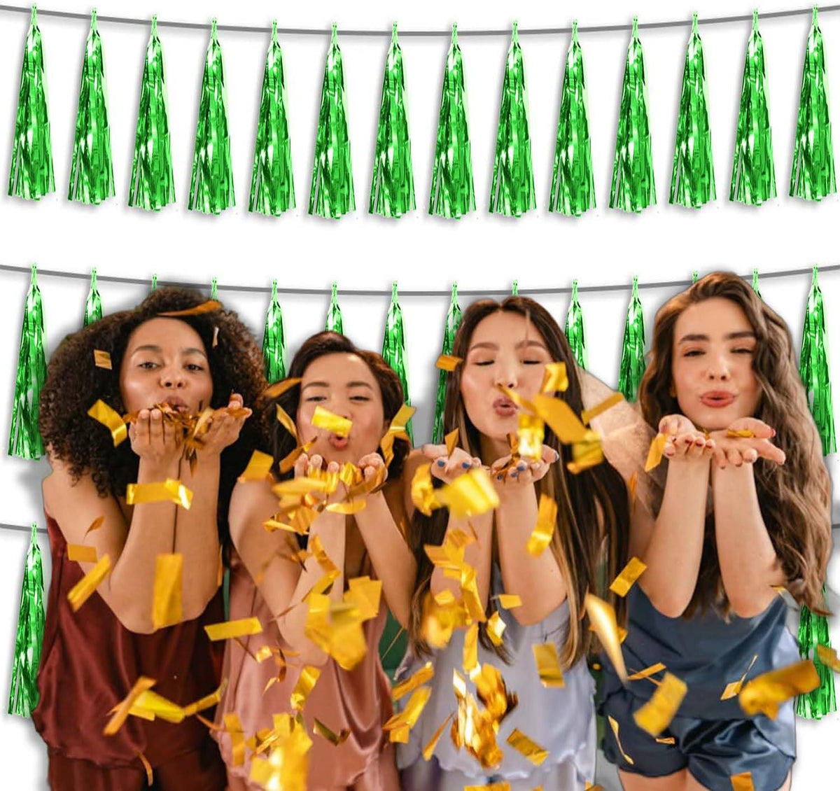 3P Metallic Fringe Tassel Banner Garland Foil Tinsel Streamer Wall Hanging Curtain Backdrop Banner for Parade Floats, Graduation Decorations, Father's Day Party Decoration(Green)