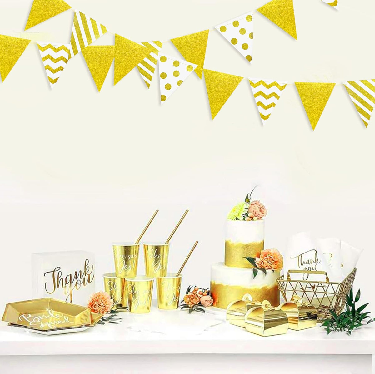 39Ft White and Gold Party Decorations Polka Dot Stripe Triangle Pennant Banner Glitter Foil Paper Flag Bunting Garland for Birthday Graduation Anniversary Wedding Bridal Baby Shower Hen Party Supplies