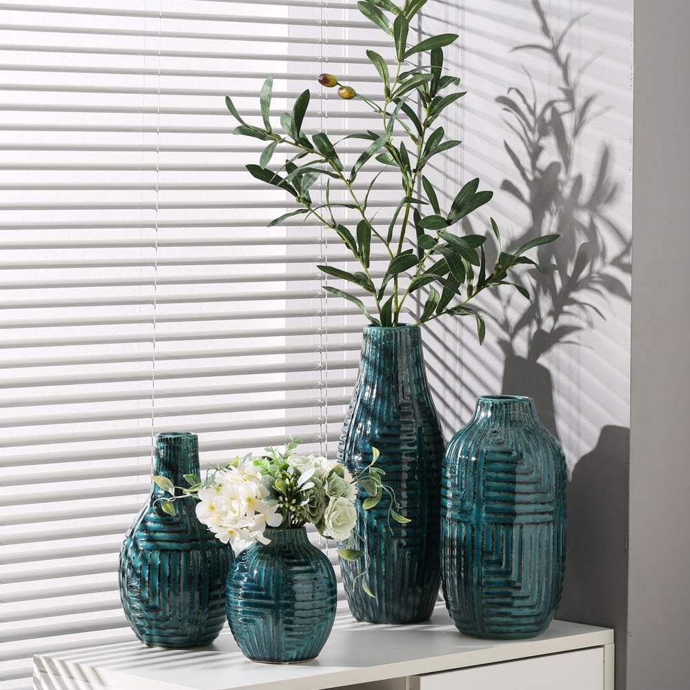 hjn Ceramic Vase- Teal Vase for Home Decor,Flower Vase for Centerpieces, Modern Decor Vases for Living Room/Bookshelf/Mantel/Home Decor Accents - Teal texture-Large-10.6" H