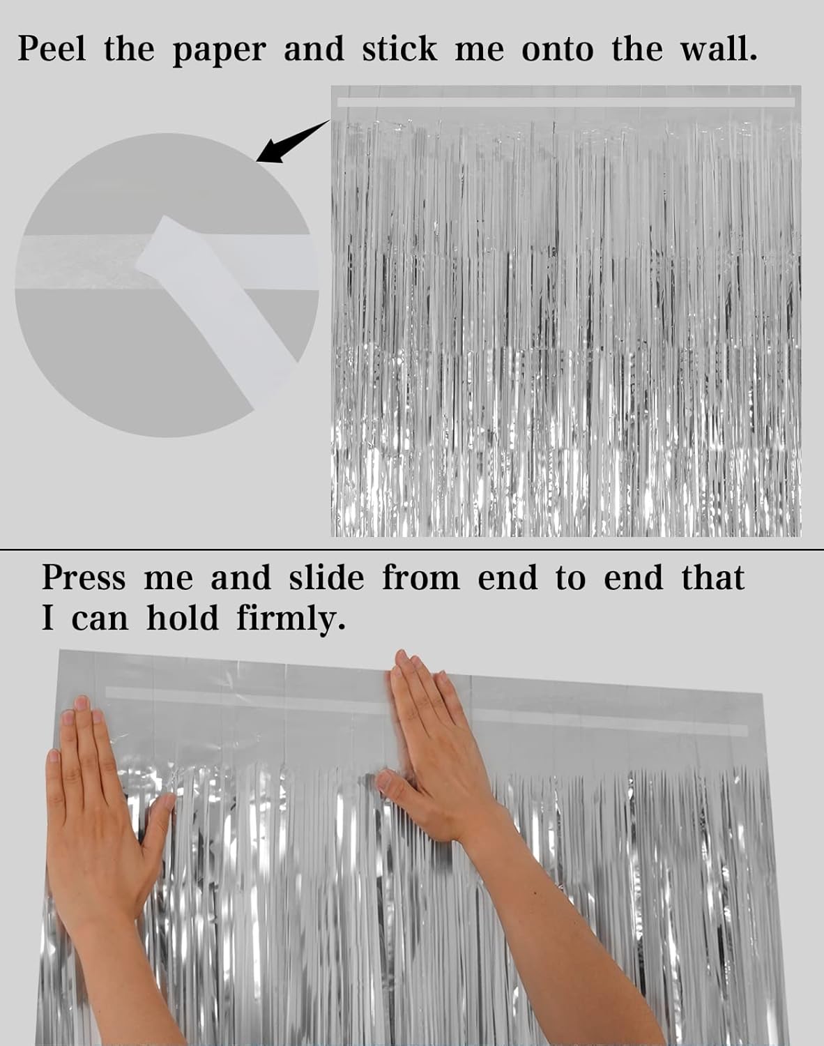 Silver Tinsel Fringe Backdrop Curtains for Parties, Melsan 3.2 x 8 ft Foil Streamer Disco Party Decorations Photo Booth for Birthday, Engagement, New Year Eve, Pack of 2