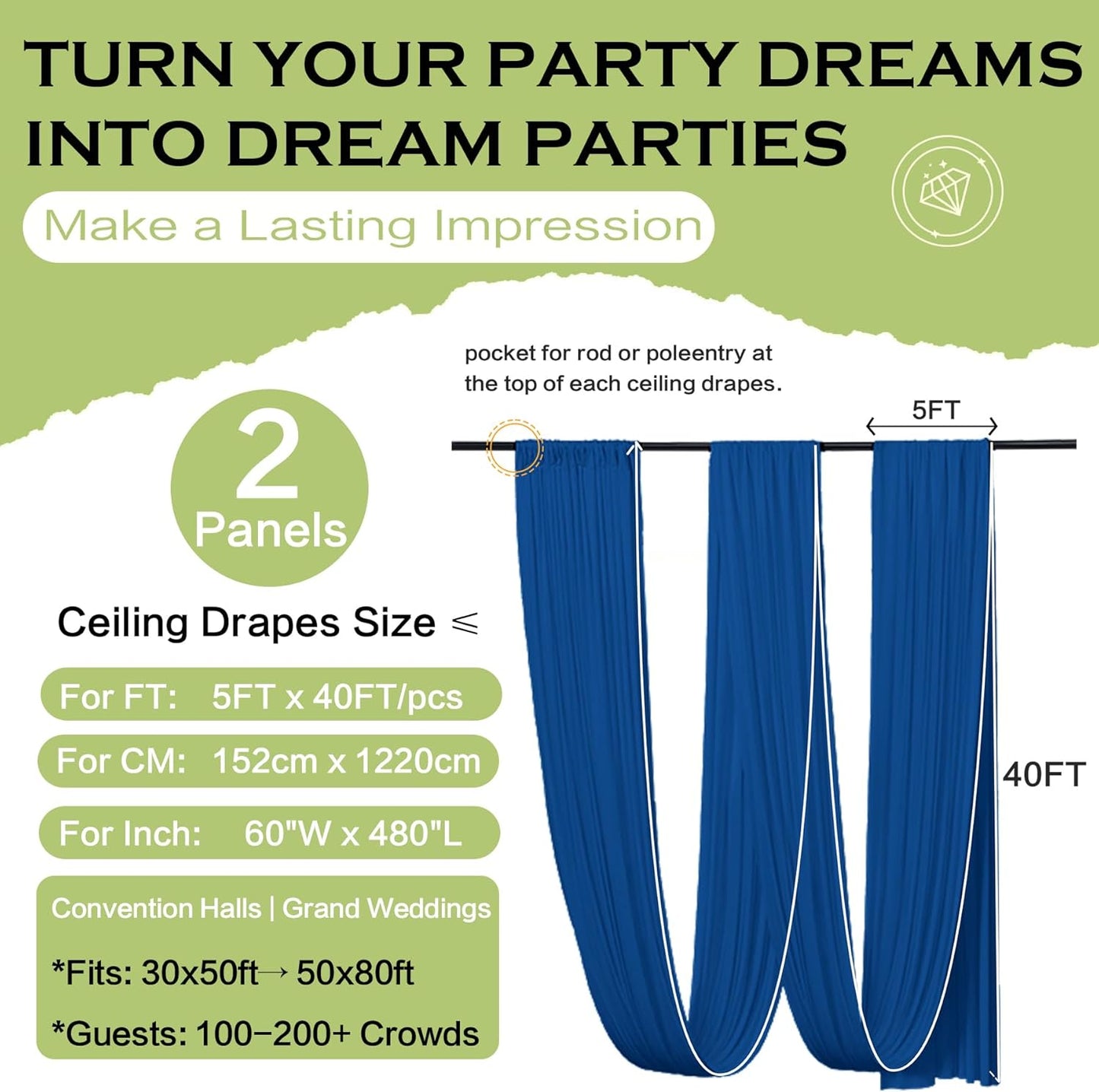 PartyVillage 10ftx40ft Royal Blue Ceiling Curtain for Wedding Parties – 2 Panels Wrinkle-Free 40 FT Long Tent Draping Curtains for Wedding, Birthday & Theme Parties, 40ft Height with Rod Pocket