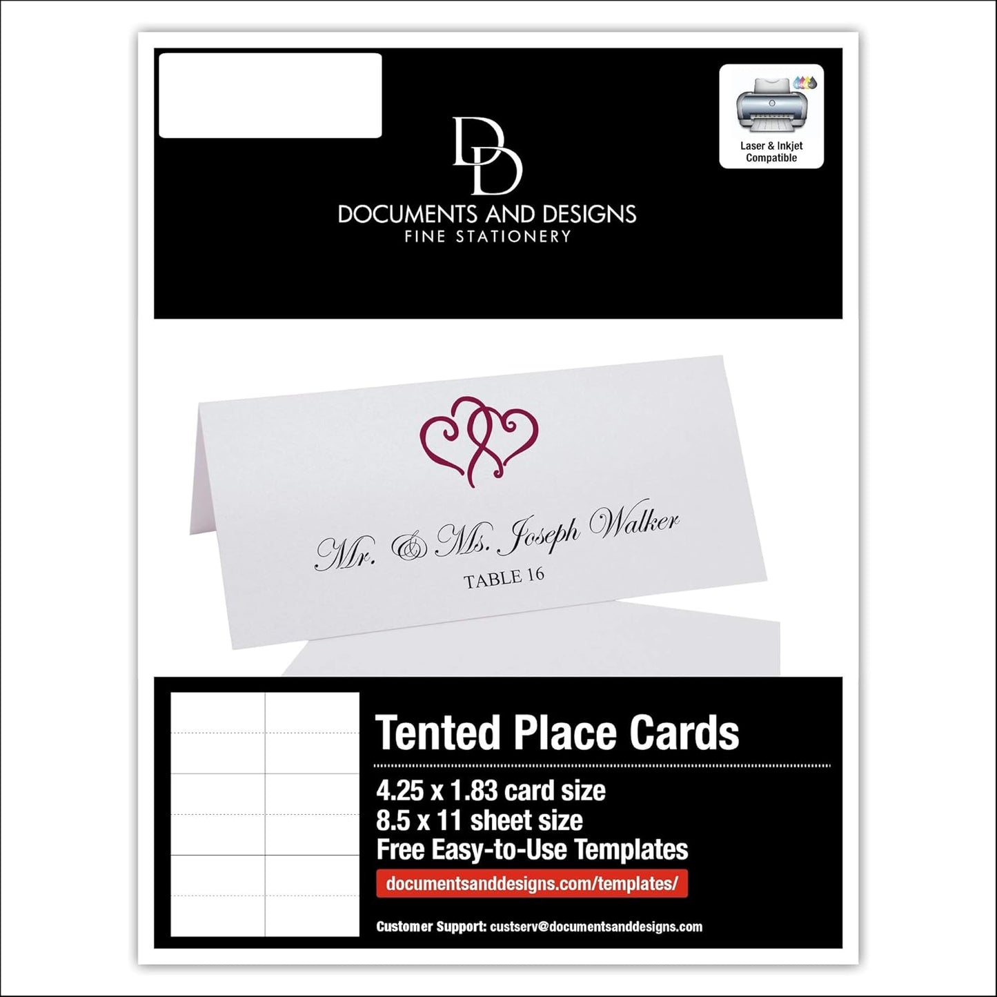Linked Hearts Printable Place Cards, Burgundy (Choose Color), Set of 150 (25 Sheets), Laser & Inkjet Printers - Wedding, Party, Dinner, and Special Events - Made in the USA