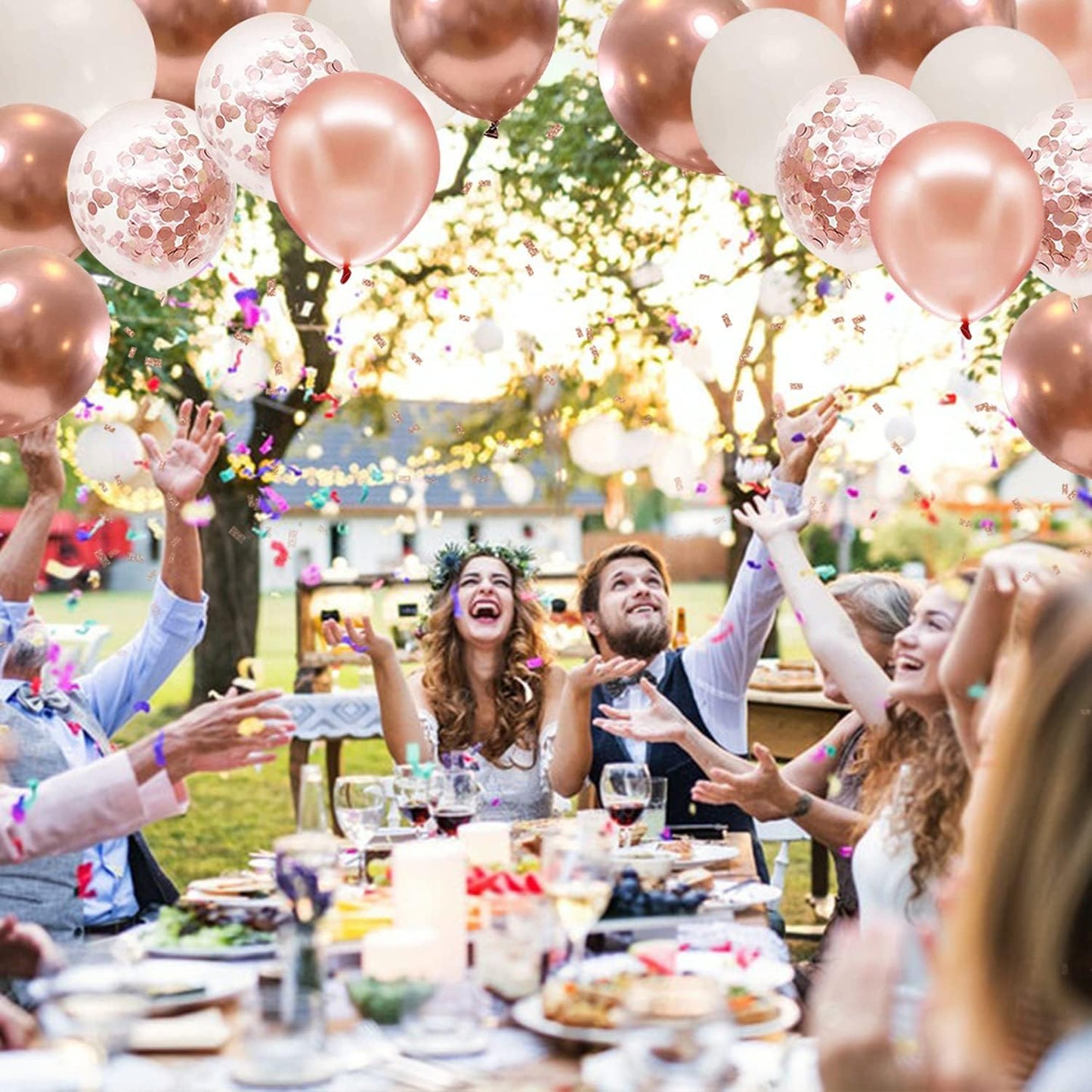 Rose Gold Confetti Balloons, 50pcs 12 Inch Metallic Confetti White and Rose Gold Latex Balloons with 33 Feet String for Birthday Party Wedding Anniversary Gender Revea Decorations