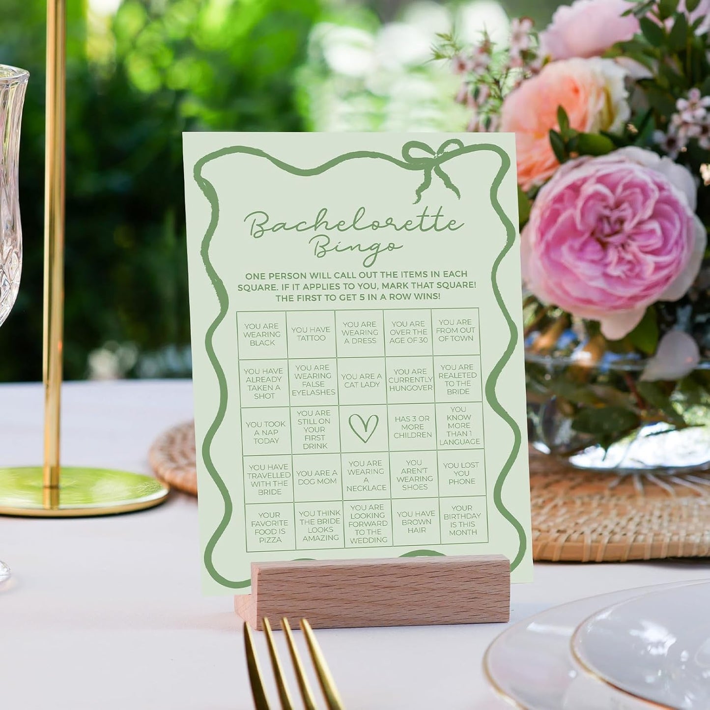 DEEKA 30 PCS Bridal Shower Games Card for 30 Guests Sage Green Wavy Border Ribbon Bow Funny Wedding Bachelorette Party Games for Reception (Bachelorette Bingo)