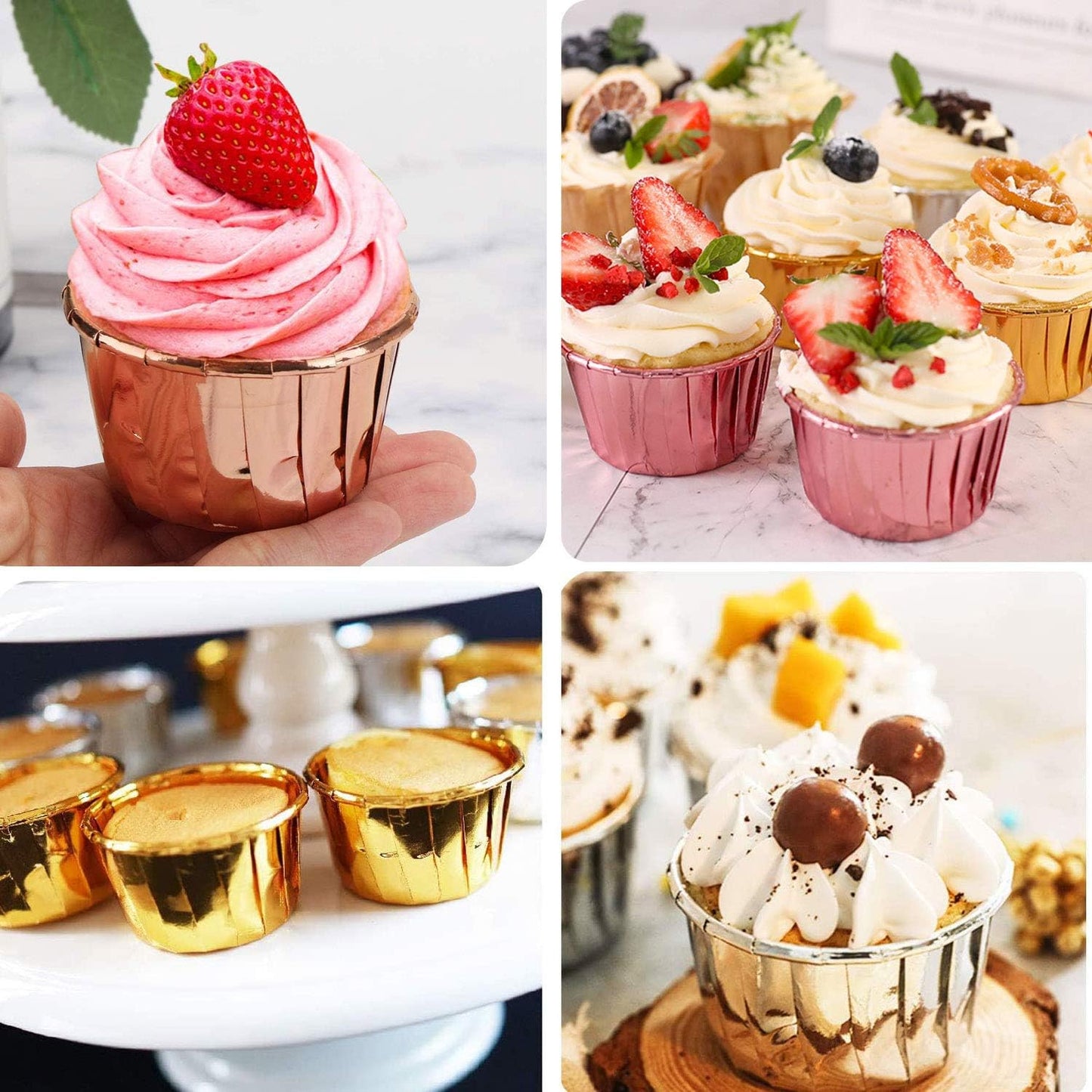 Cupcake Liners with Dome Lids 100Pack, Free-Air 3.5Oz Mini Foil Baking Cups Muffin Liners, Disposable Ramekins Cupcake Tins Cupcake Wrappers for Wedding Birthday Party, with Spoons-White in Gold