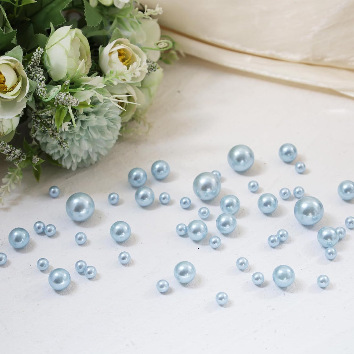 260Pcs Lightblue Glossy Beads - 6mm, 14mm, 18mm Round Plastic Pearl Beads for Centerpiece Decor, Wedding, Birthday, Christmas Party, Home Decor