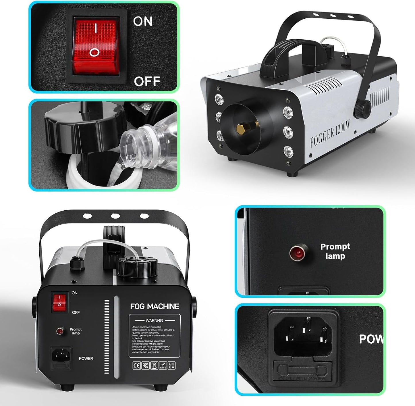 1200W RGB Fog Machine, 6 Colorful LED Lights for Smoke Machine Indoor/Outdoor Use, Perfect for Parties, Weddings, and Stage Effects 2PC
