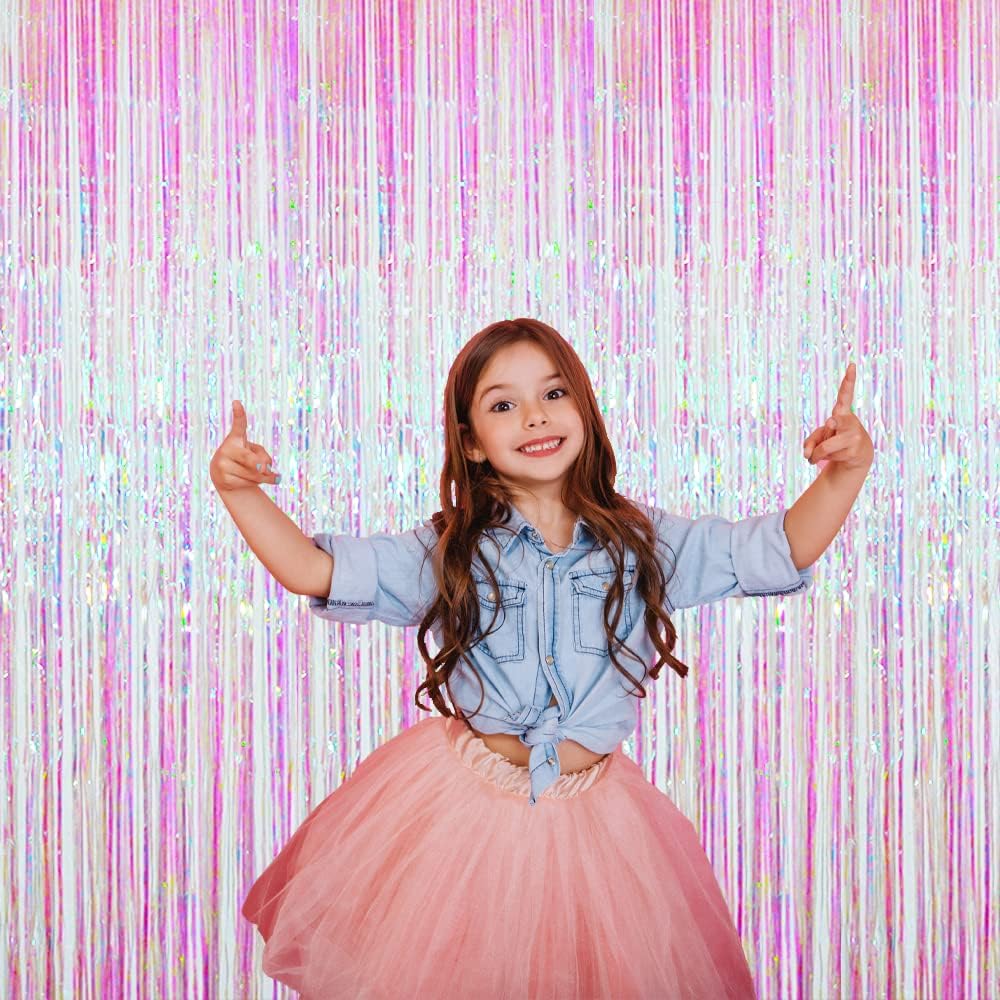 GOER 3.2 ft x 9.8 ft Metallic Tinsel Foil Fringe Curtains Party Photo Backdrop Party Streamers for Birthday,Graduation,New Year Eve Decorations Wedding Decor (4 Packs,Iridescent)