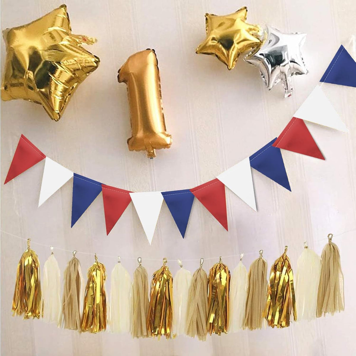 MerryNine Triangle Flag Bunting Banner, 3 Pack Vintage Style Pennant Banner for Wedding, Baby Shower, Event & Party Supplies 45pcs Flags (Red Blue White)