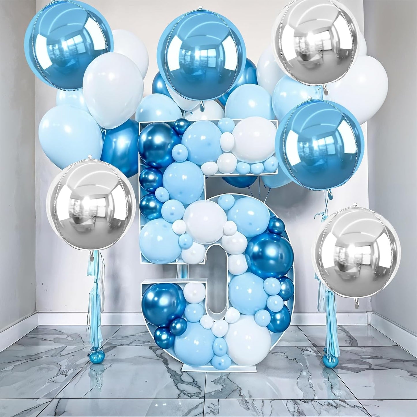 6Pcs Blue Silver Round Foil Balloons, 22inch 4D Metallic Silver Blue Balloons, Large Round Foil Ball Balloon for Boys Men Birthday Graduation Wedding Anniversary Party Backdrop Decoration