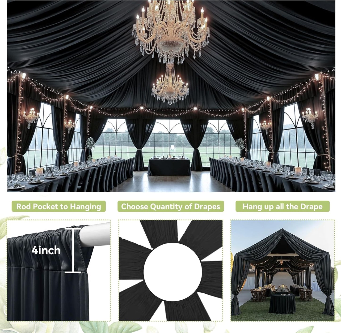 PartyVillage 8 Panels 5ftx30ft Black Ceiling Drapes for Halloween Parties â 30 FT Extra Long Thick Polyester Wrinkle-Free Drapery Tent Decor Decorations for Birthday Party Ceremony Stage Swag