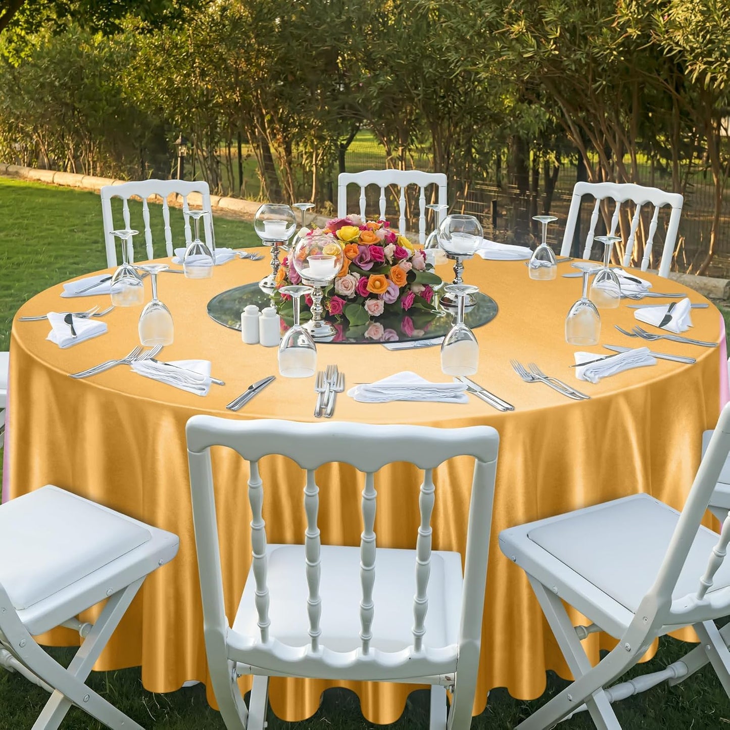 Ruisita 120 Inches Round Satin Tablecloths Gold Overlay Round Satin Table Cover Bright Silk Tablecloth Smooth Fabric Tablecloth for Wedding Banquet Table Decoration