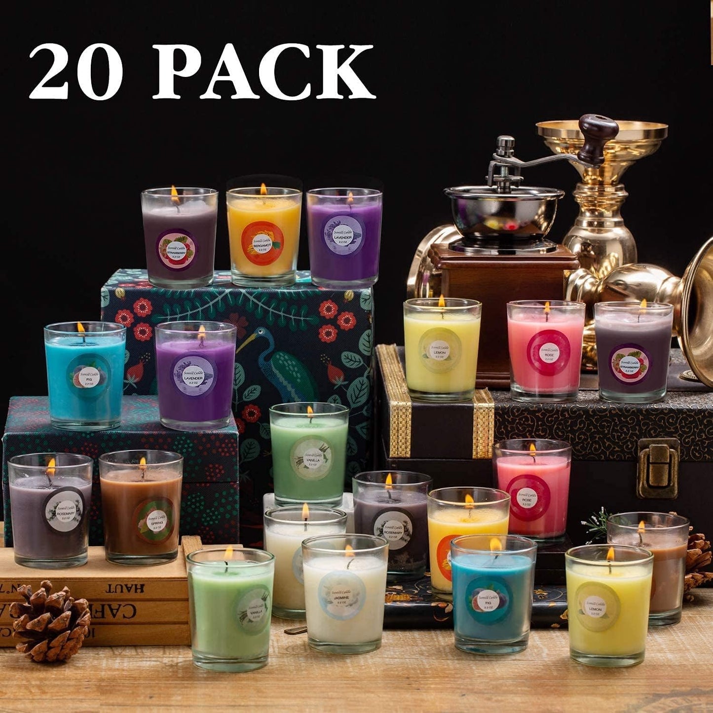 Scented Candles, Jasmine, Rose, Vanilla, Bergamot, fig, Lavender, Lemon, Spring,Strawberry, Rosemary, Aromatherapy Candles,Soy Wax Glass Jar Candle - 20 Pack