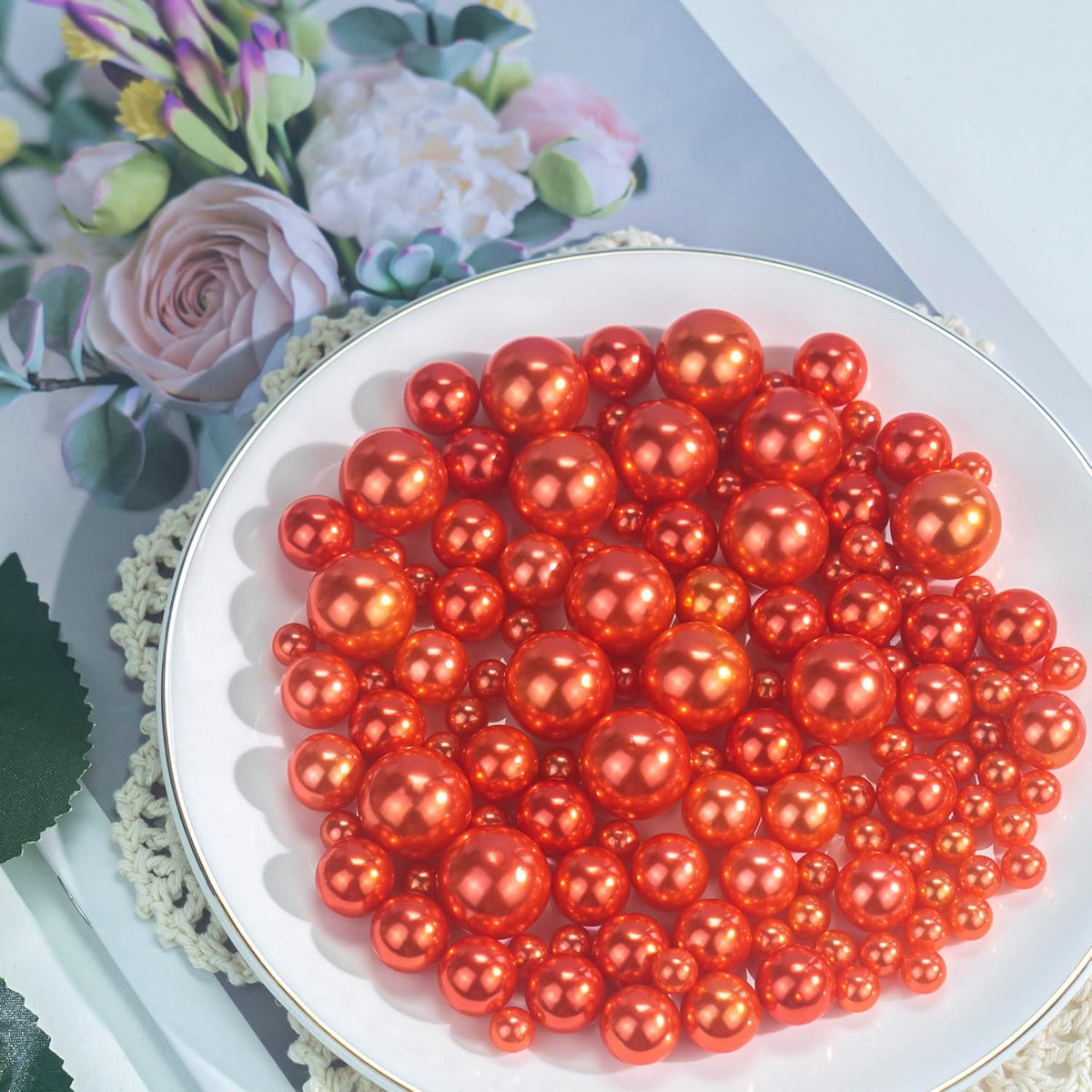 120 PCS 8/14/20mm No Hole Polish Pearl Beads for Centerpiece, Orange Beads Decorative Vase Fillers, Plastics Pearls for Vases, Table Scatters, Wedding Party Decor