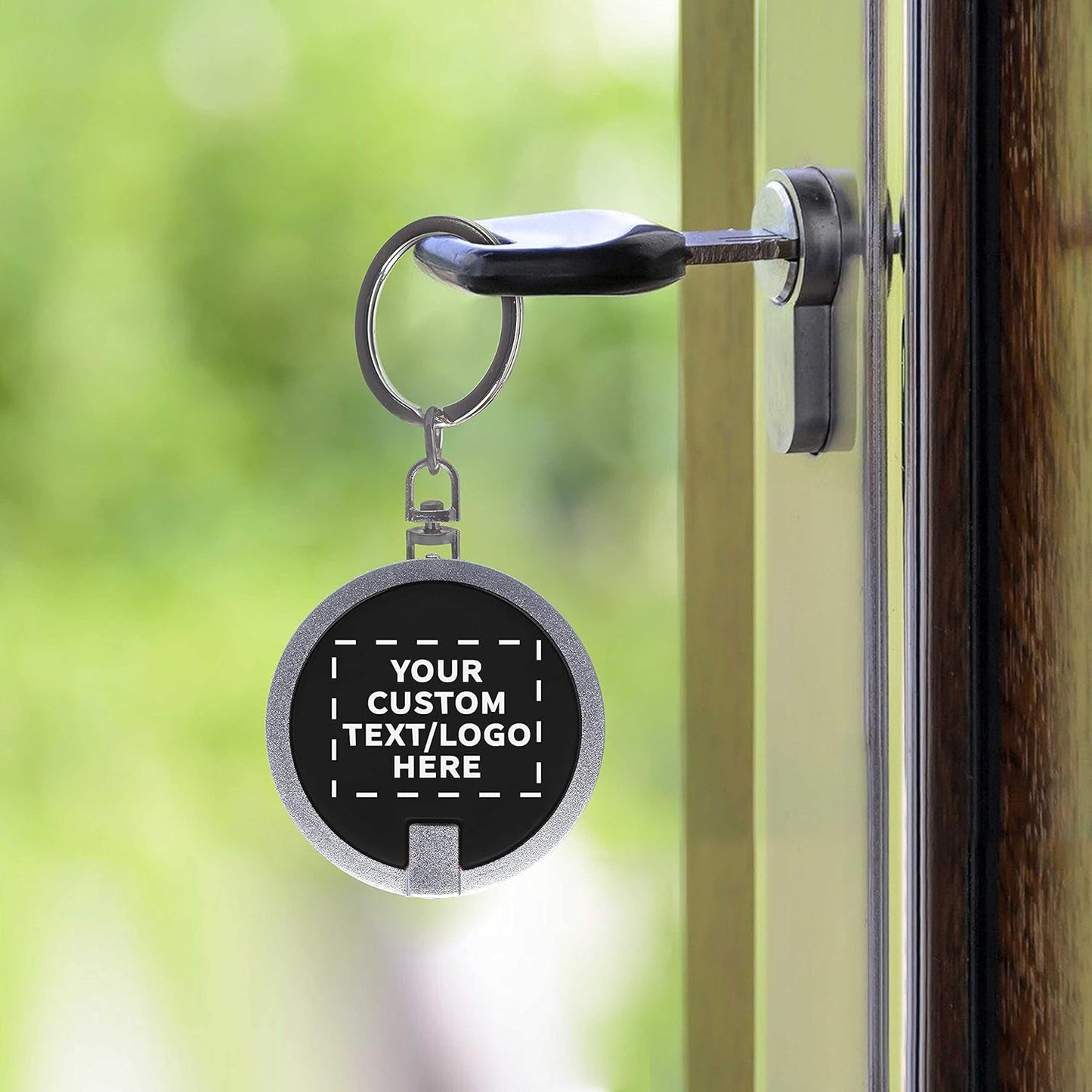 DISCOUNT PROMOS 100 Round LED Keychains - Customizable Text, Logo - Battery included, Plastic - Black