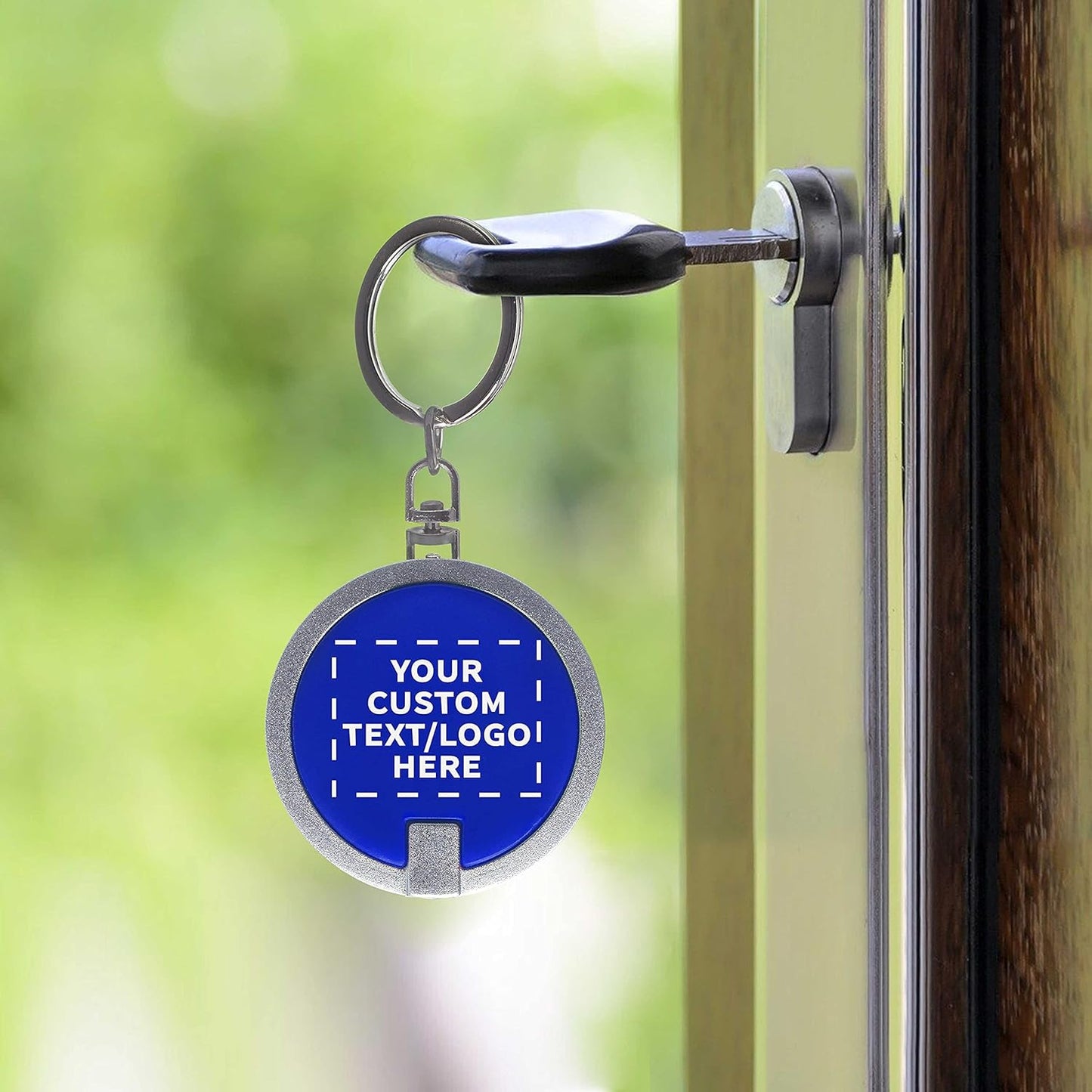 DISCOUNT PROMOS 100 Round LED Keychains - Customizable Text, Logo - Battery included, Plastic - Blue