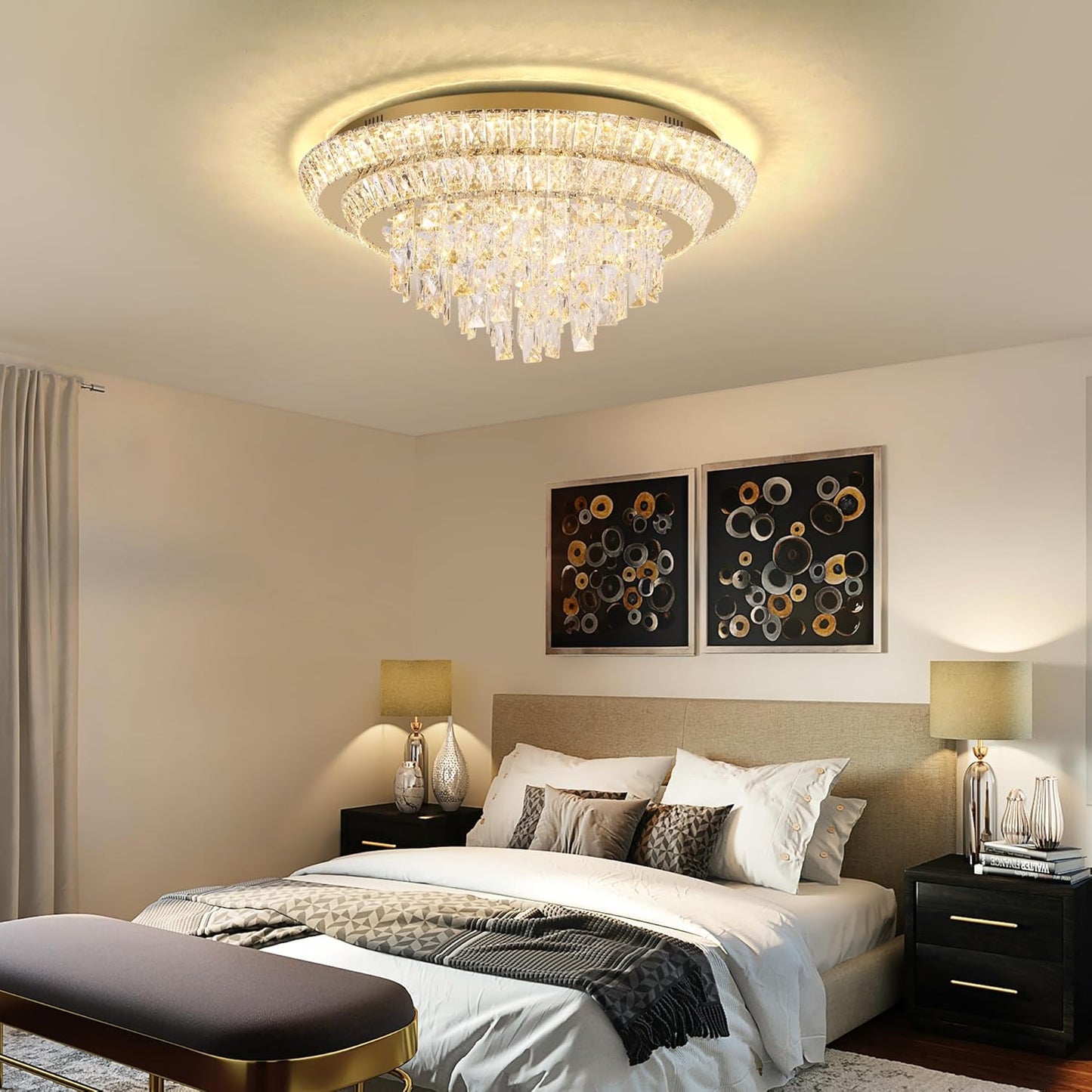24 inch Crystal Gold Ceiling-Light Flush Mount with Remote Control and APP, 3CCT Dimmable & Brightness Adjustable, Modern Crystal Raindrop Chandeliers for Bedroom Hallway Dinning Room Living Room
