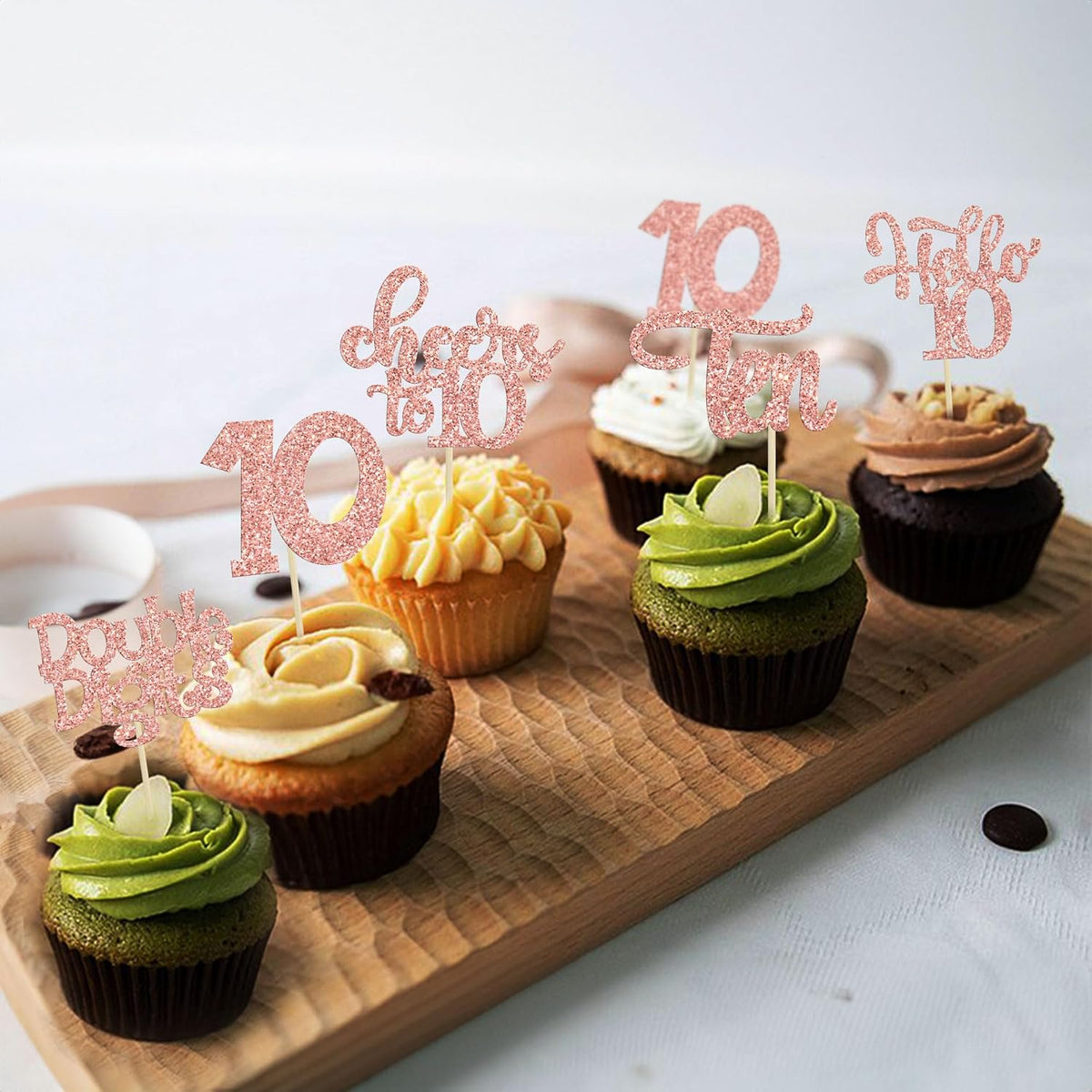 30Pcs 10th Birthday Cupcake Toppers Ten Double Hello 10 Cupcake Picks Cheers to 10 Years Old Cake Decorations for 10th Birthday Party Supplies Rose Gold Glitter