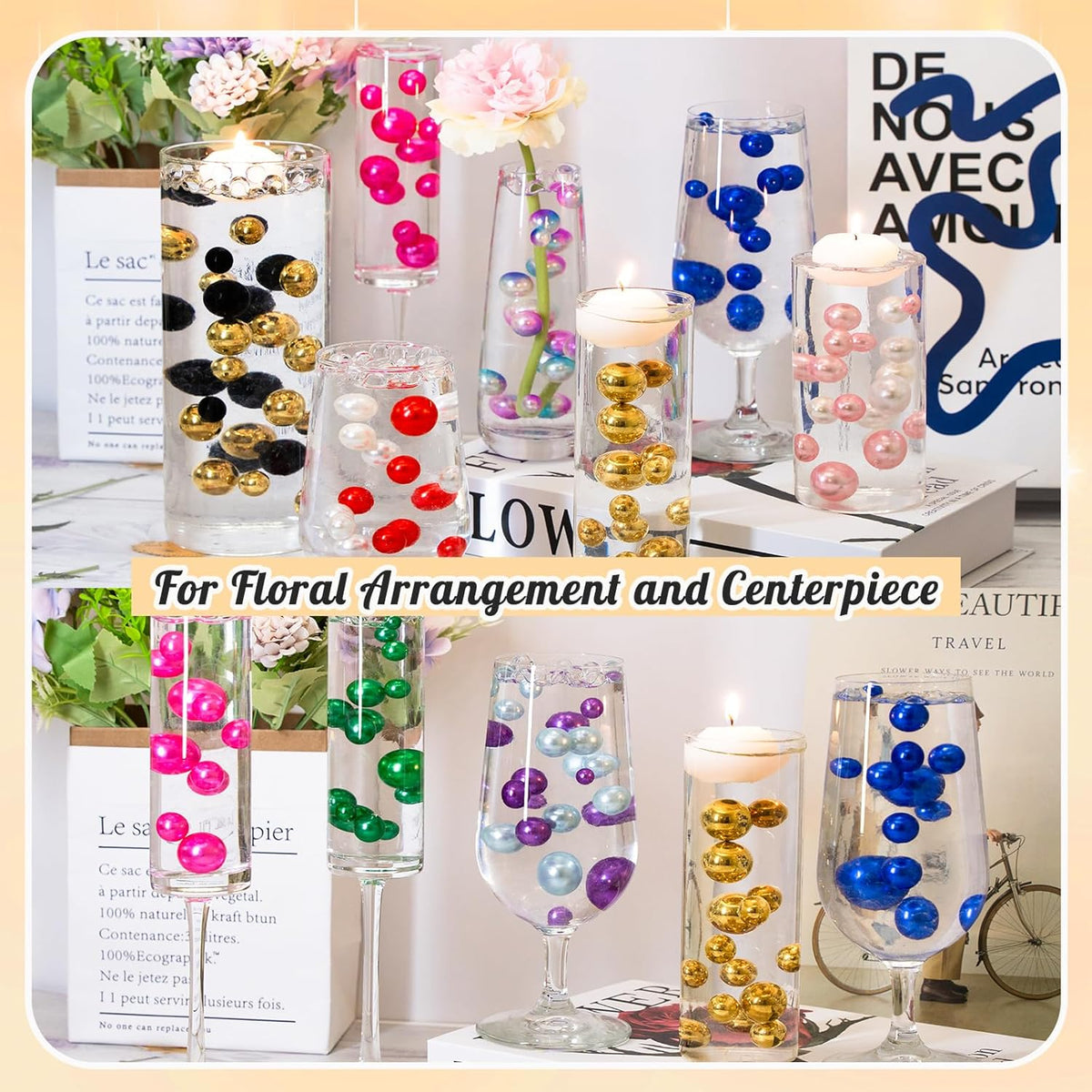300Pcs Pearl Vase Filler, BrightGold No Hole Faux Pearl Beads for Centerpieces Vases, Candle Centerpieces, Wedding Birthday Party Home Decor 8/10/14/20mm