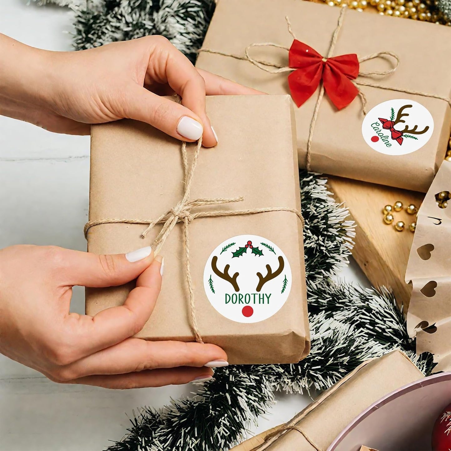 callie Personalized Christmas Stickers - Custom Name, 1.97 Inch Santa Deer Design Waterproof Merry Christmas Stickers Labels for Envelopes Seals Crafts Cards Gifts (30PCS)