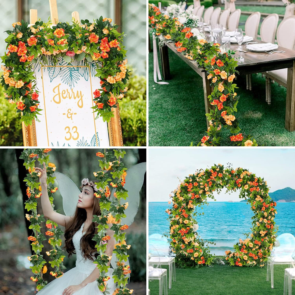 JUSTOYOU 2 Pack (15.8FT) Fake Rose Garland, Artificial Rose Vines Flowers Hanging Silk Rose Vine Wedding Home Backdrop Party Arch Arrangement Decoration