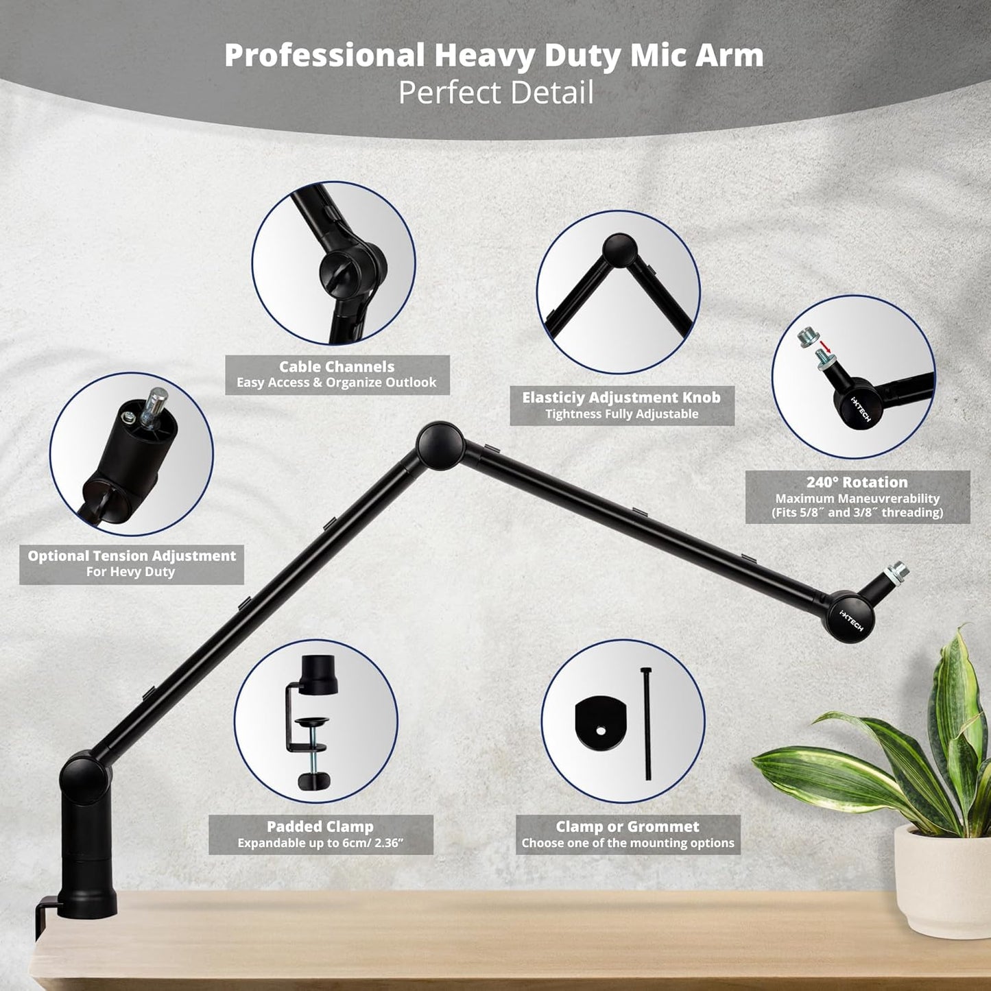 IXTECH Boom Arm - Adjustable 360ยฐ Rotatable Microphone Sturdy Stainless Steel Mic Desk, Table Stand Foldable Scissor Stable Mount Arms for Radio Studio, Podcast, Gaming
