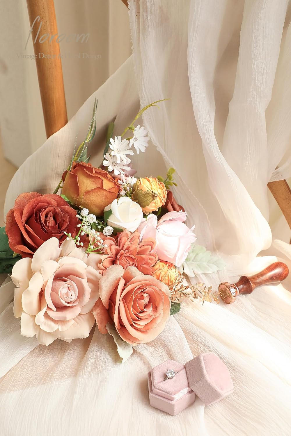 Floroom Terracotta Artificial Flowers Burnt Orange Fake Roses Peonies Dahlias and Greenery Combo Box Set for DIY Wedding Bouquets Bridal Shower Centerpieces Floral Arrangements Party Tables Decoration